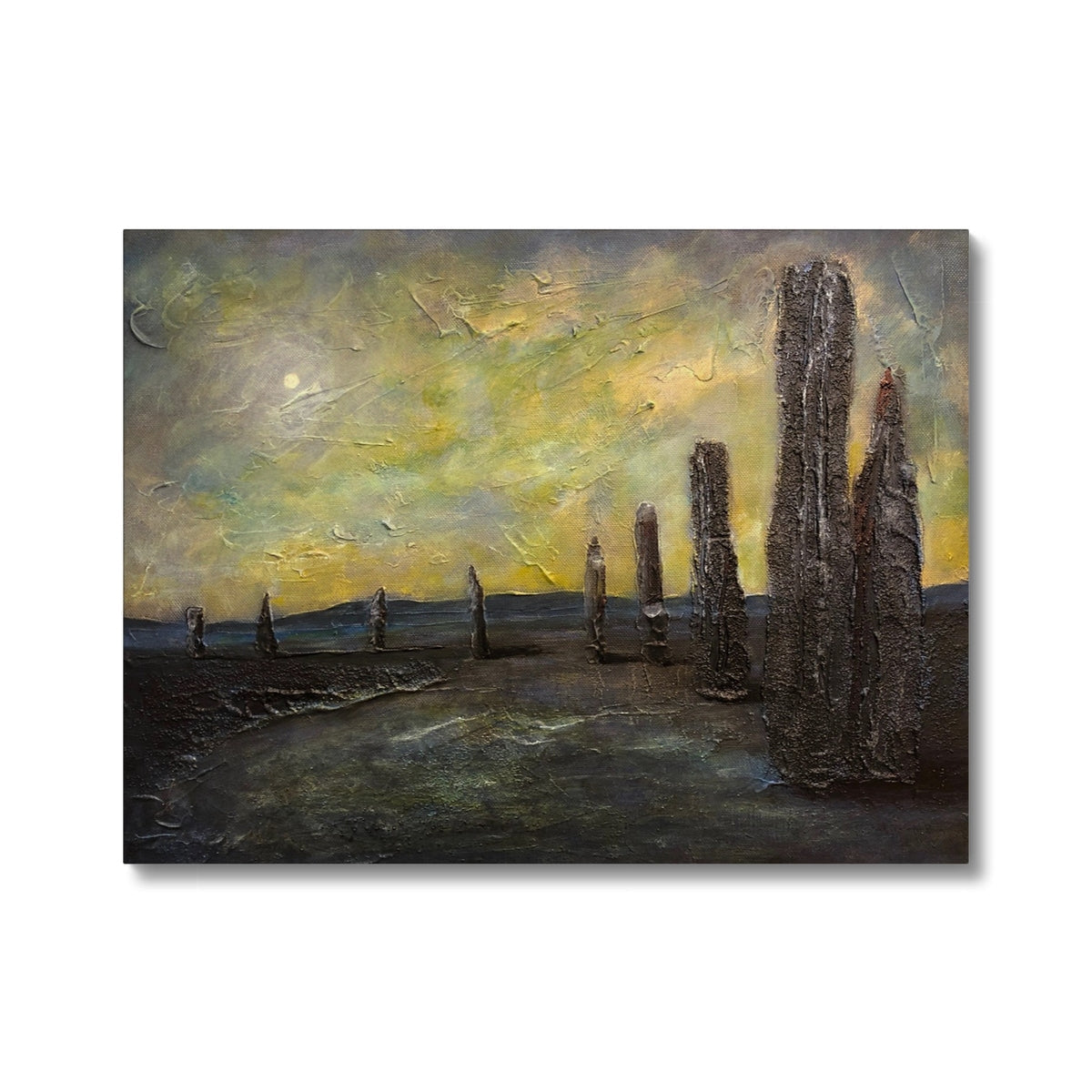 Black stone column art with textured surface on yellow sky canvas print