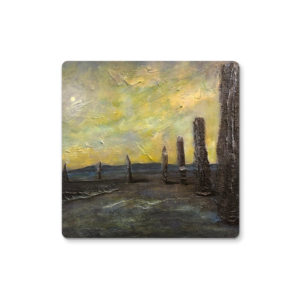 Yellow and gray abstract landscape on Ethereal Ring of Brodgar coaster