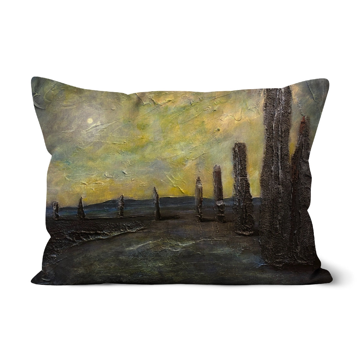 Black and gray abstract landscape pillow with textured tree shapes