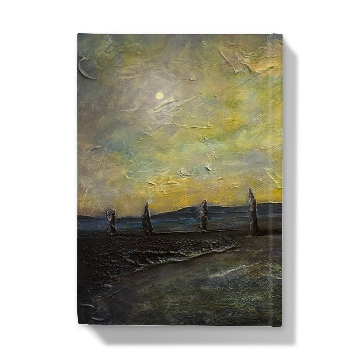 Modern abstract textured landscape journal cover with yellow-gray stone structures and sky
