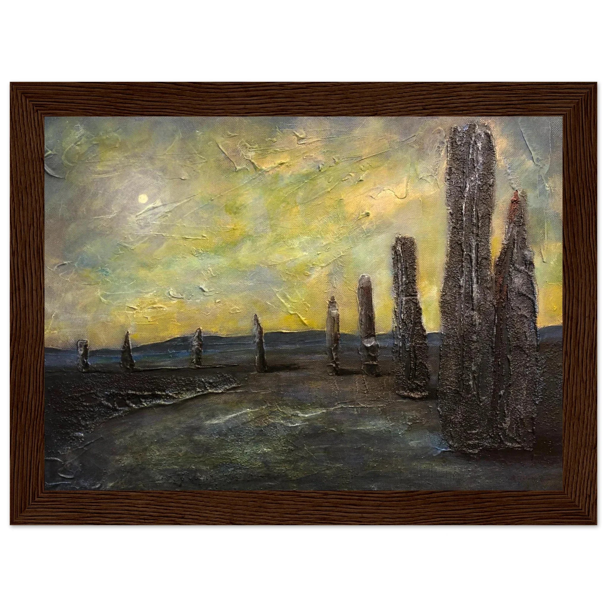 Impressionistic painting of Brodgar standing stones ring under dramatic yellow-gray sky