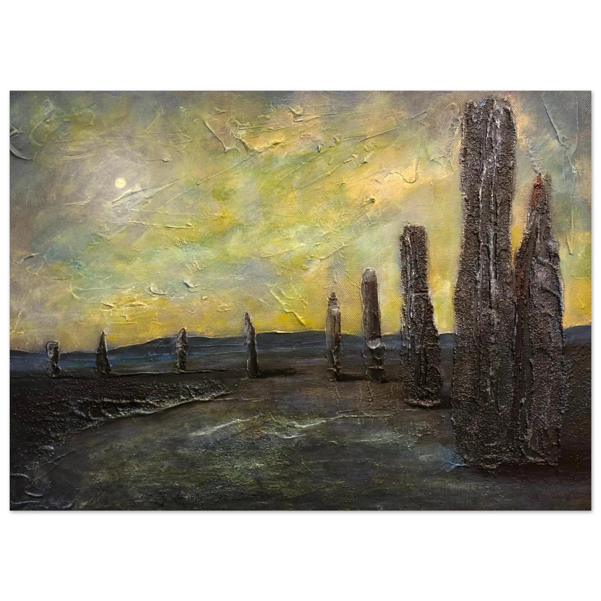 Textured oil painting of Ring of Brodgar stone pillars under swirling yellow-gray sky