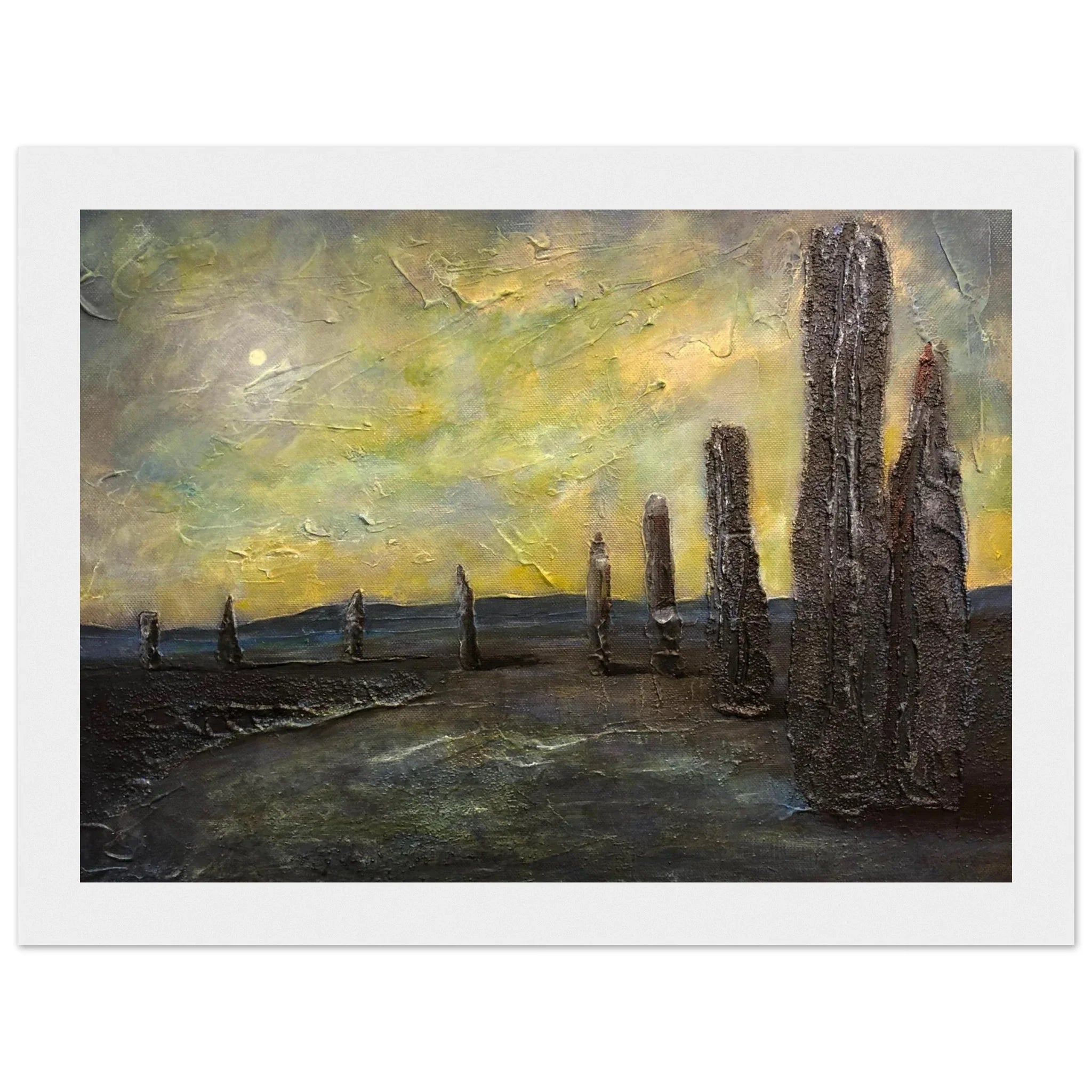 Impressionistic painting of Ring of Brodgar standing stones under dramatic yellow-gray sky