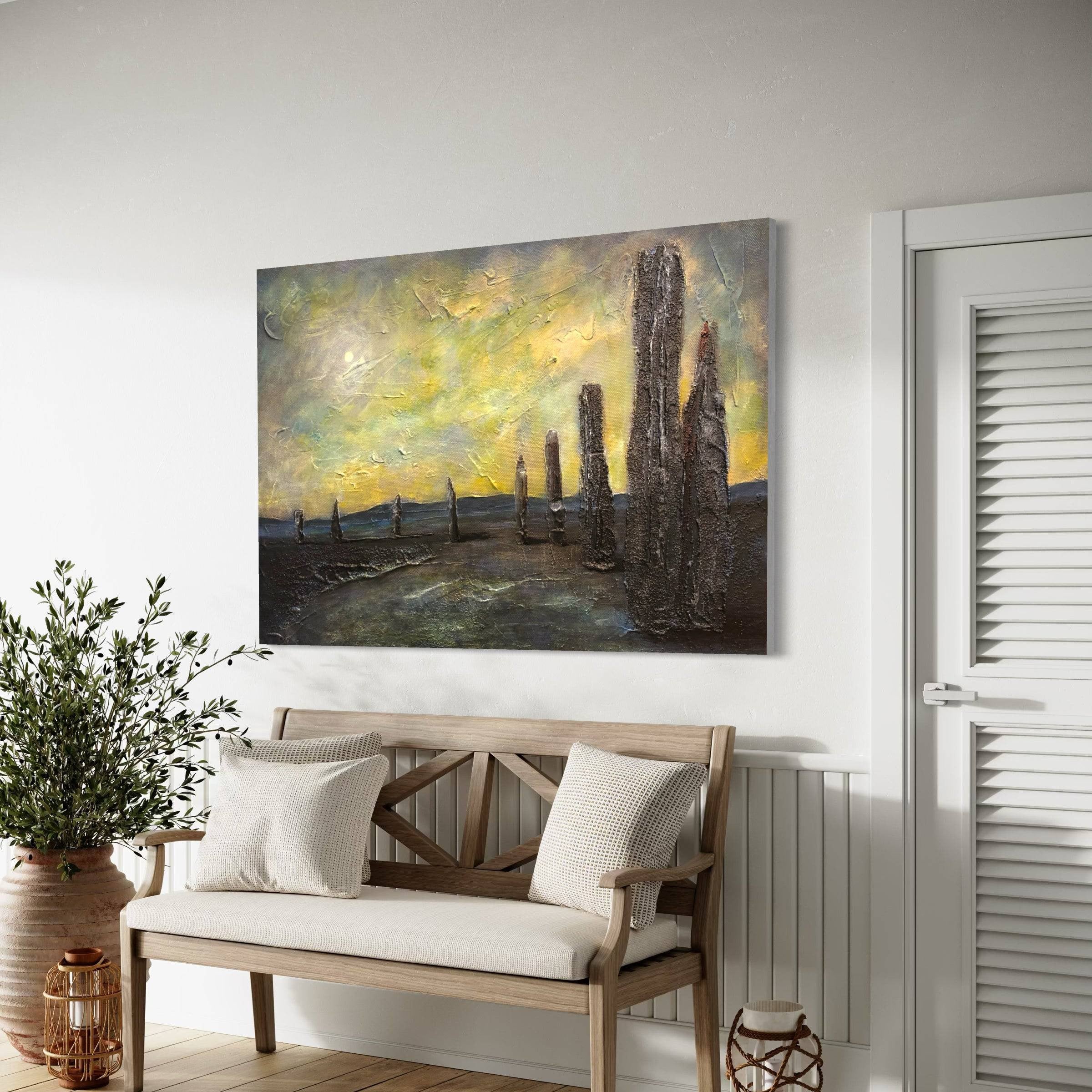 Textured abstract painting with dark forms under yellow and gray sky for Brodgar wall art