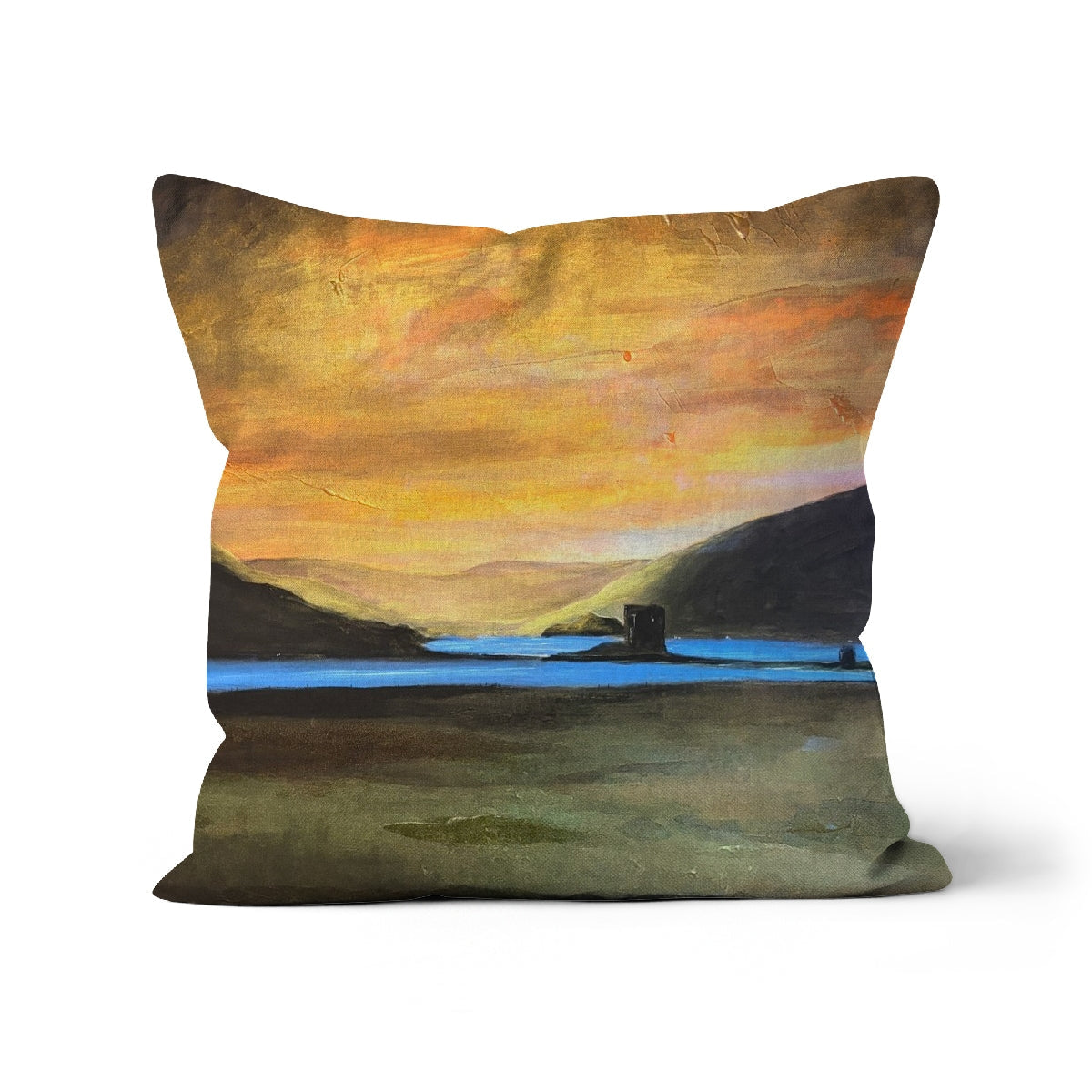 Castle Stalker Glow square throw pillow with sunset landscape print