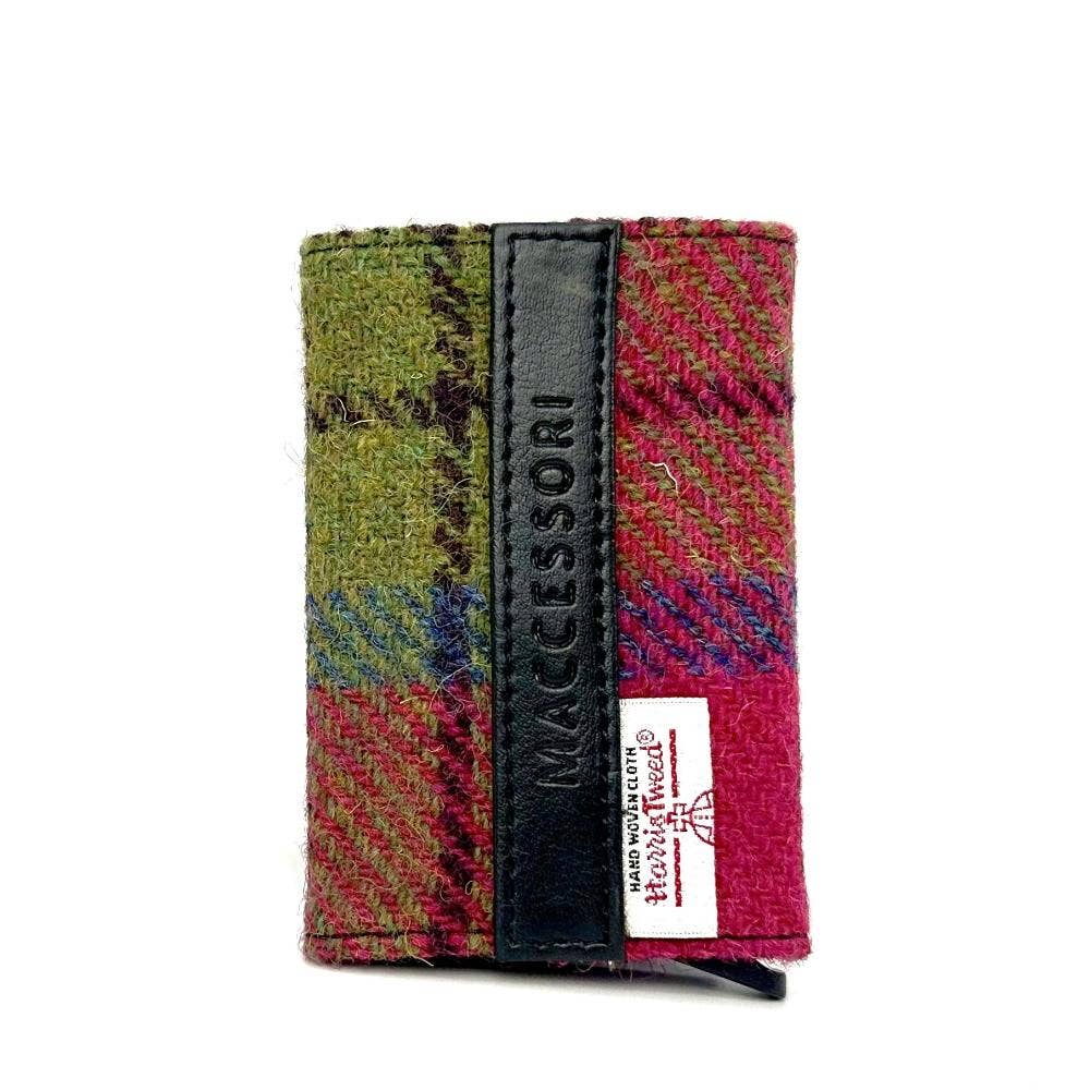 Pop up card holder made of vibrant red and green tartan harris tweed fabric with black leather maccessori strip