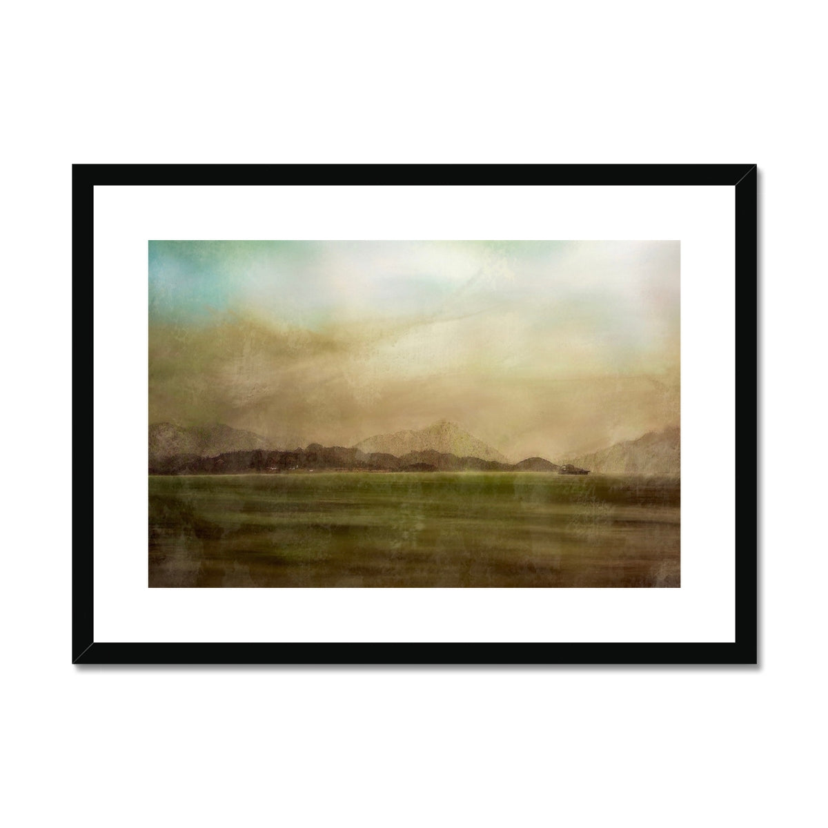 Mull Mist framed abstract landscape art print in black frame with muted earth tones