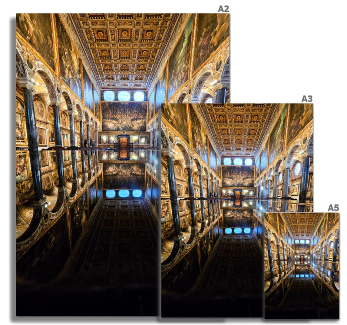 Golden ornate ceiling with intricate frescoes and decorative moldings in basilica di san pietro perugia fine art print