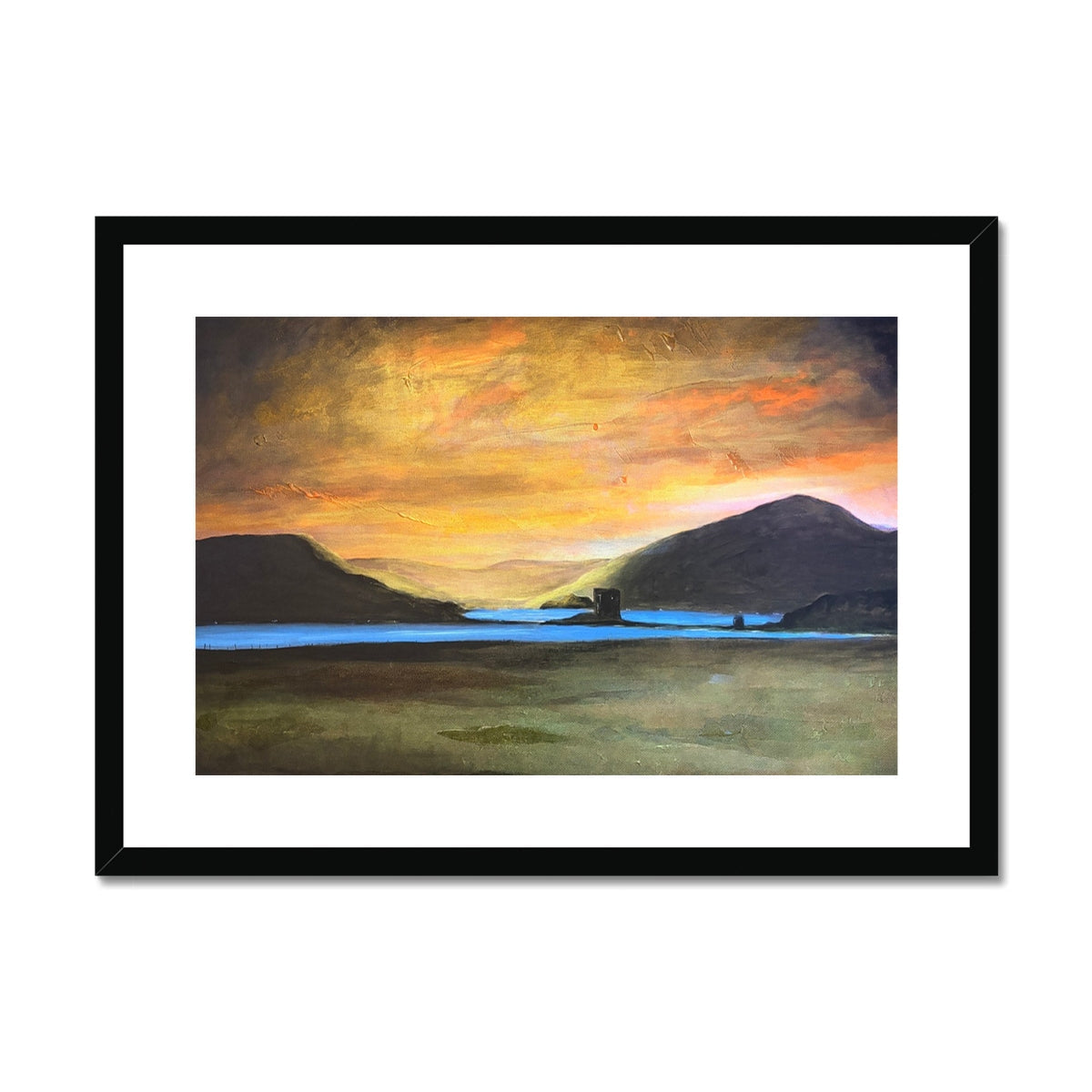 Castle Stalker glow art print: orange yellow skies over silhouetted hills, blue water, shore structure