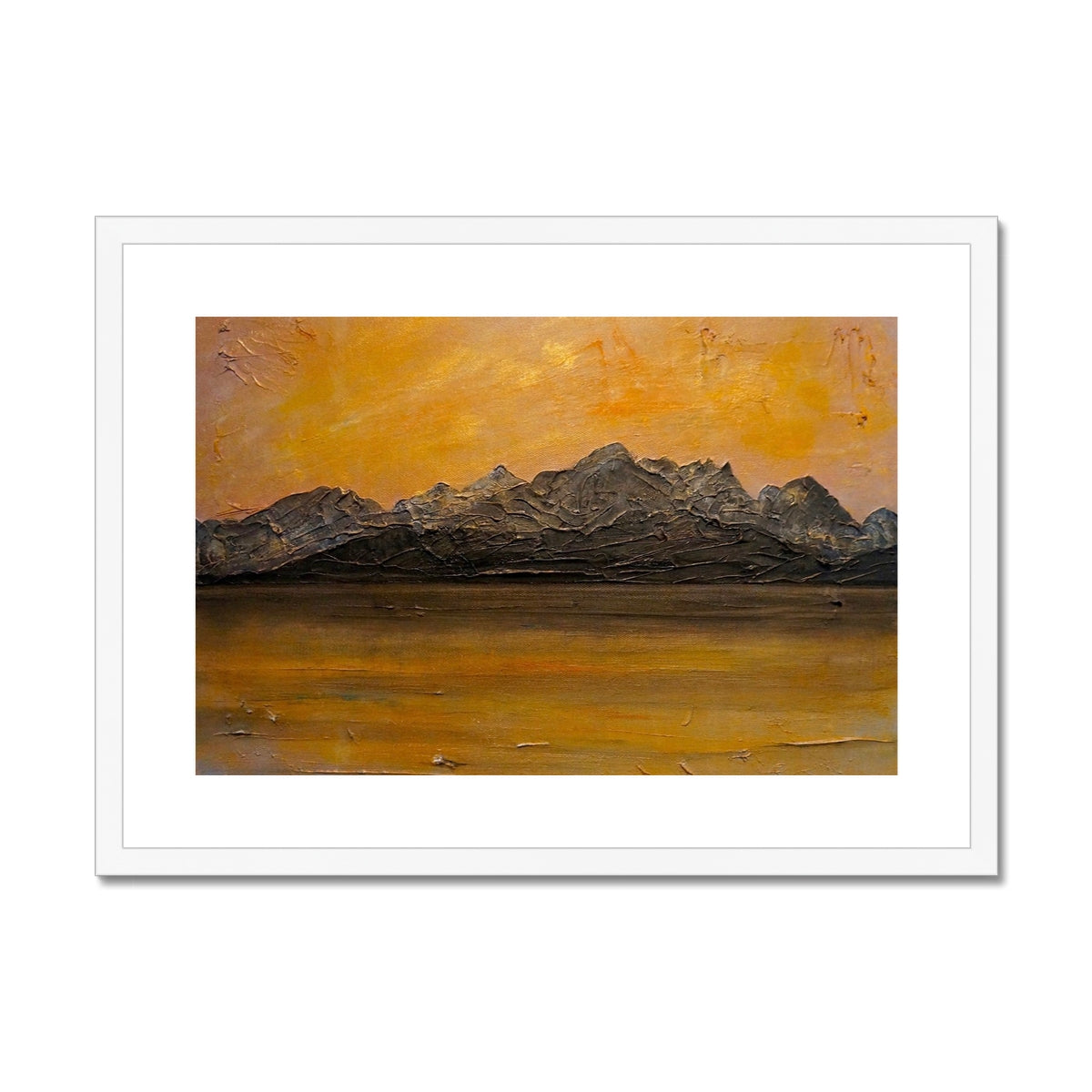 Cuillin Sunset impressionistic mountain painting in orange and gray, framed