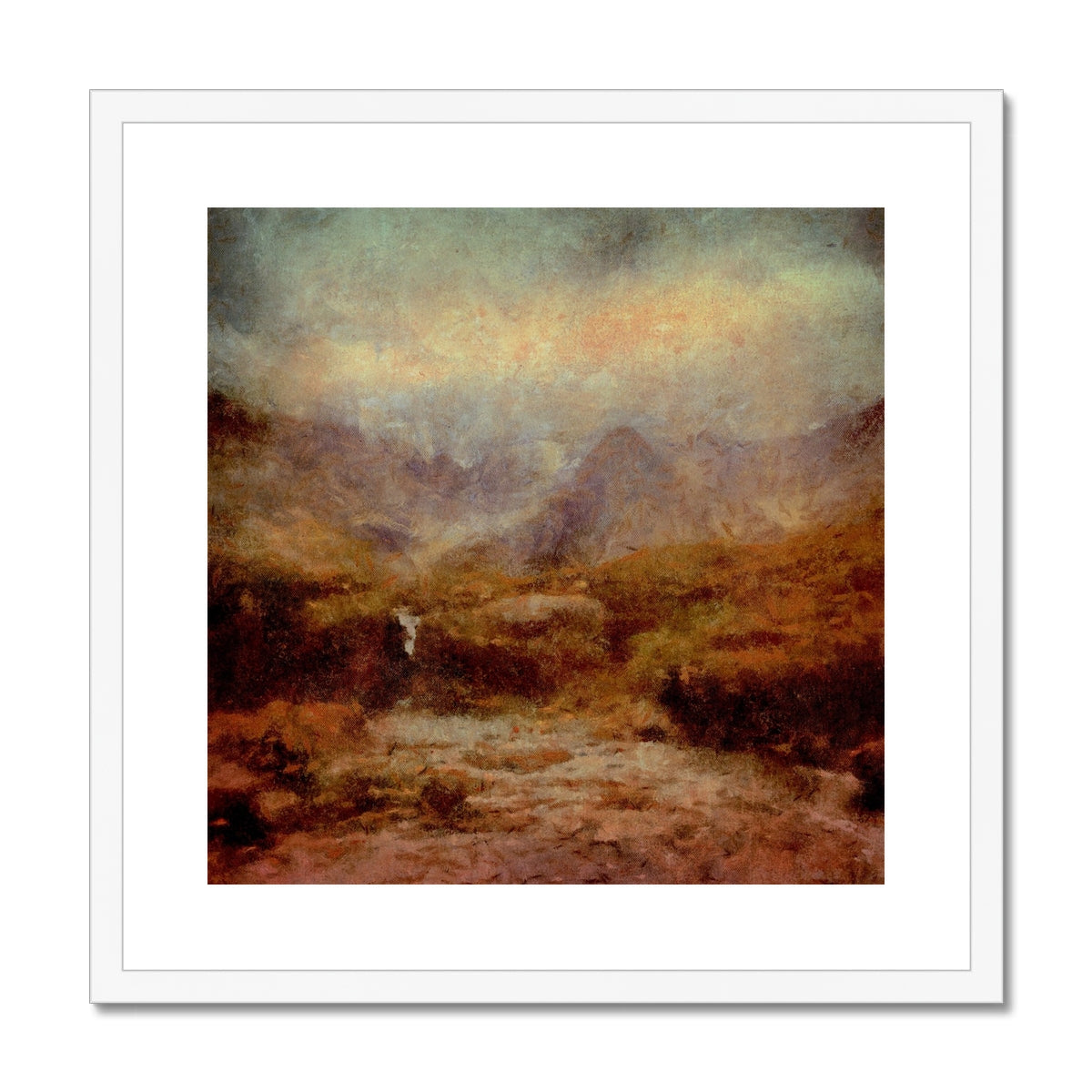 Framed Brooding Fairy Pools print of misty mountains and path in earthy tones