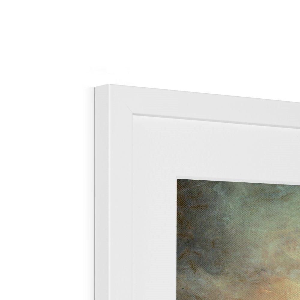 White framed abstract The Brooding Fairy Pools print in earthy green, brown, beige tones
