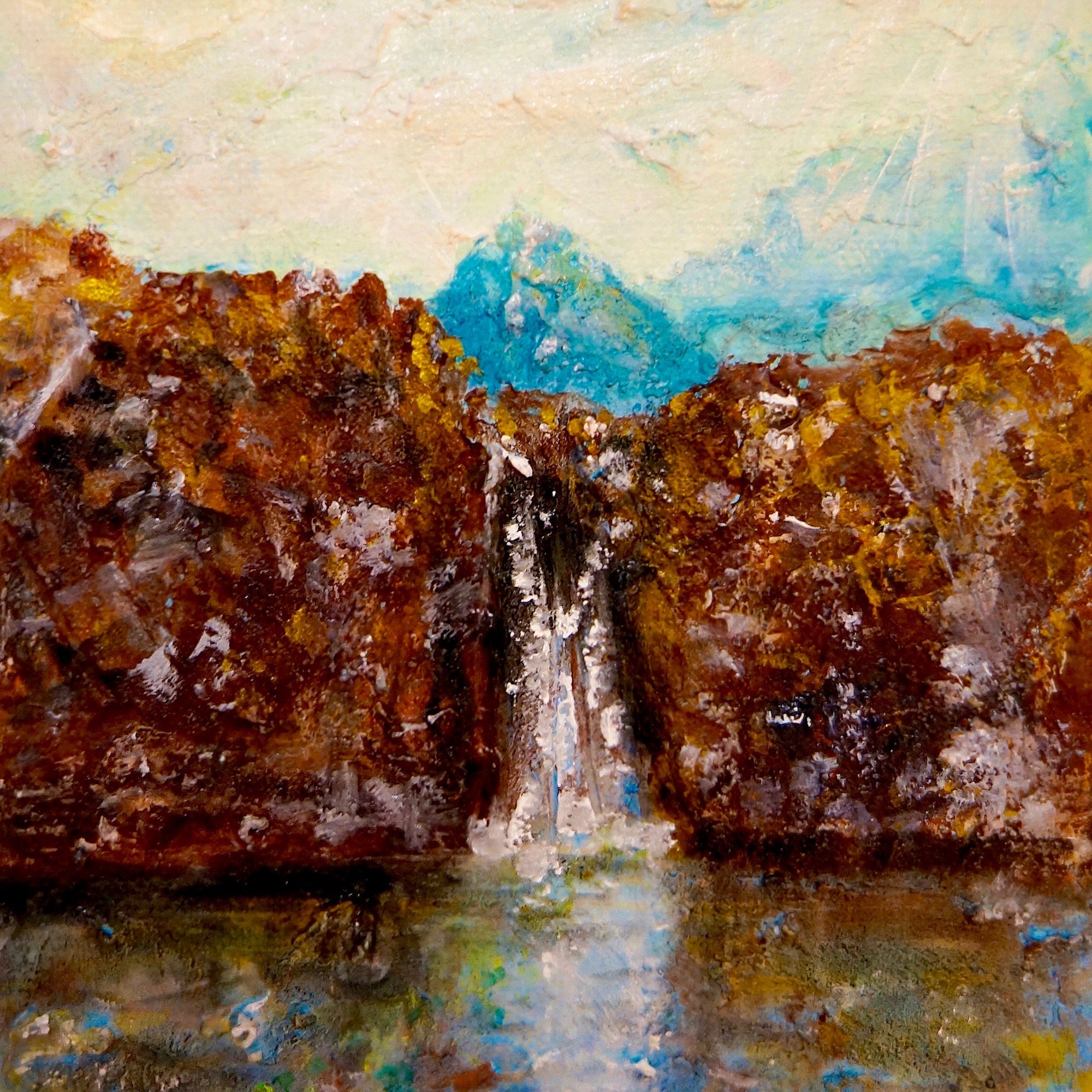 Abstract painting of a waterfall with earthy tones and a blue mountain in the background for The Fair Pools Scotland In Your Pocket