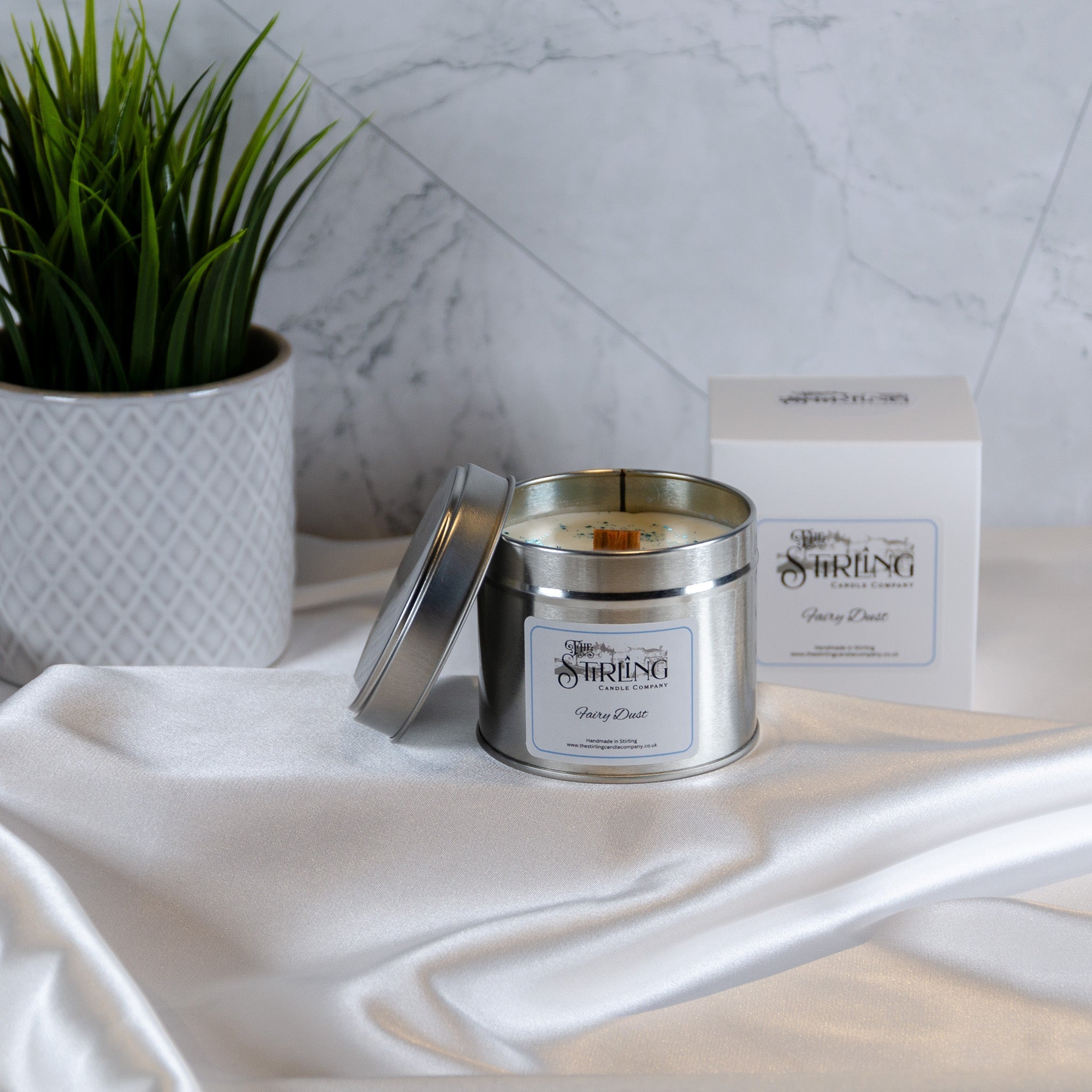 Fairy Dust travel tin candle by Sirling Candle Company with wooden wick