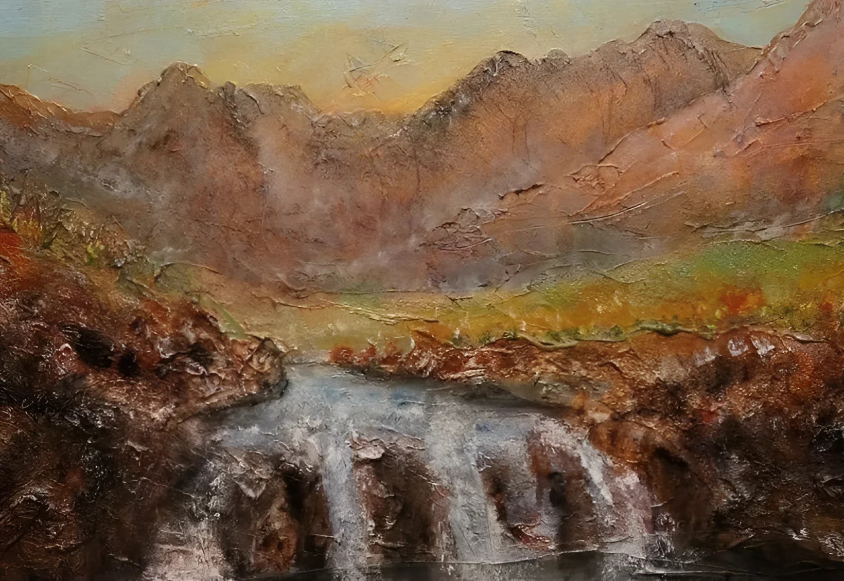 Textured mountain landscape painting from Fairy Pools Dawn Original Painting