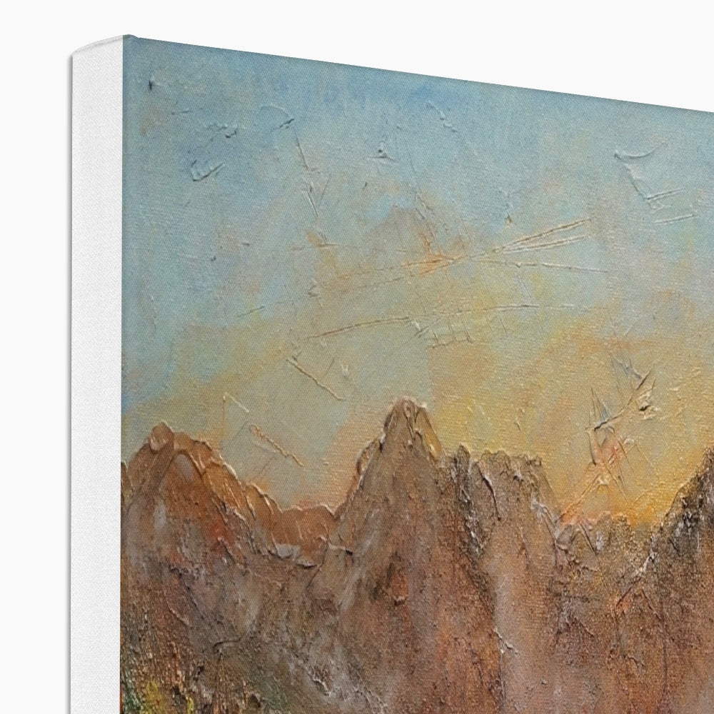 Fairy Pools Skye Dawn canvas print with textured mountain landscape in muted earth tones