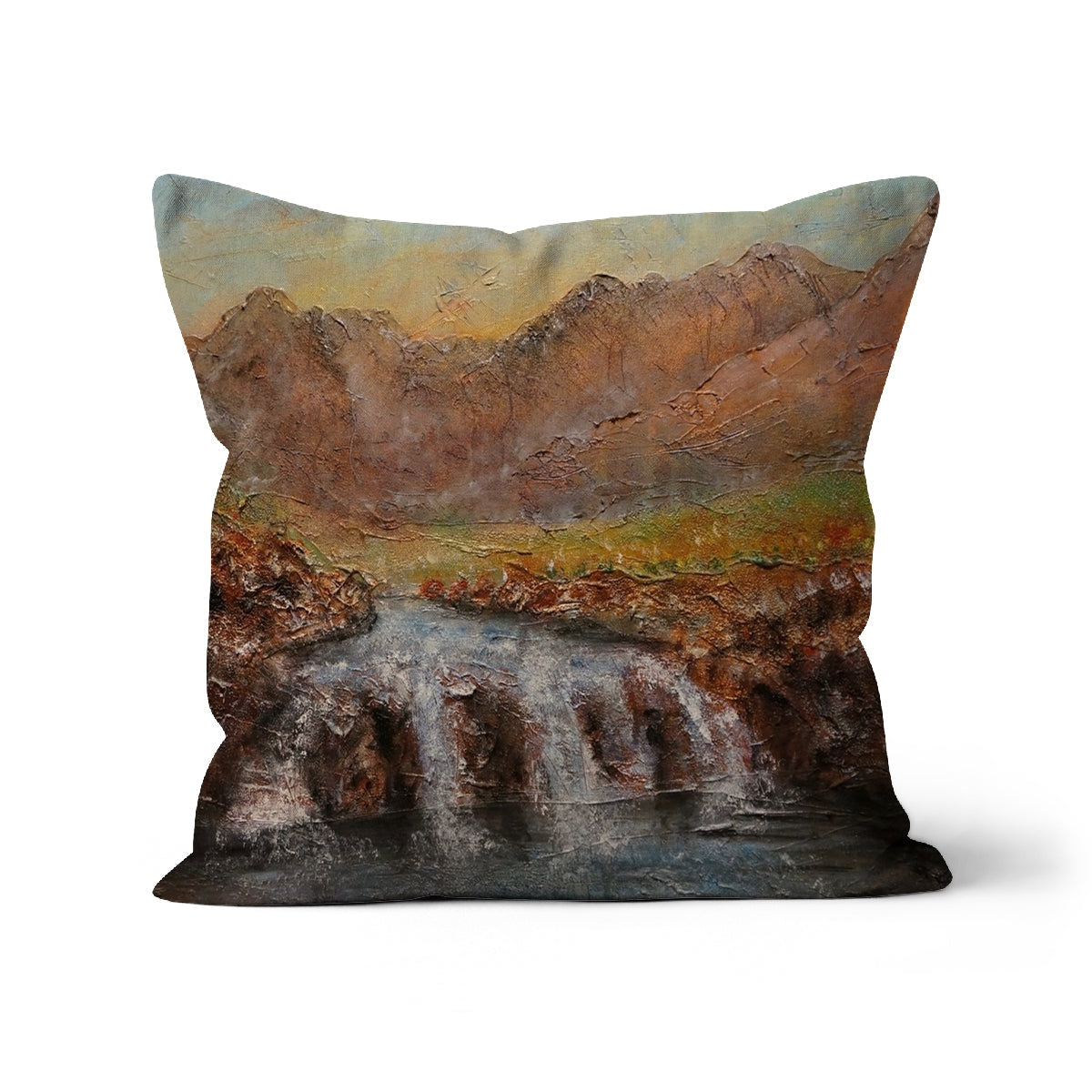 Fairy Pools Skye Dawn cushion with mountain landscape in brown green hues