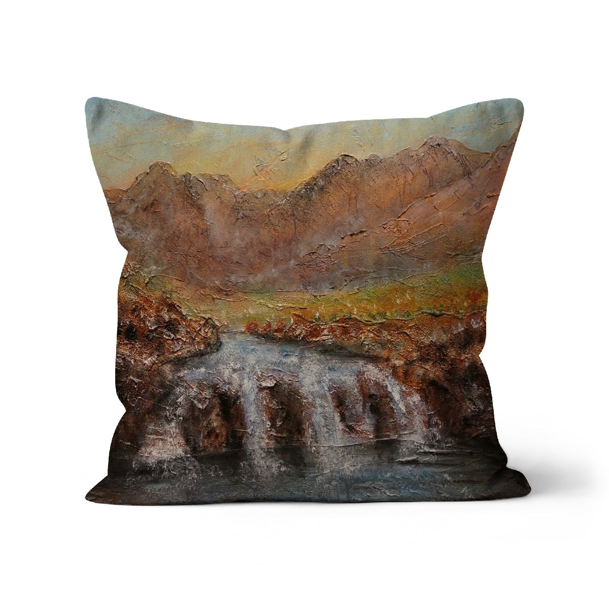 18x18 inch Fairy Pools Skye Dawn cushion with desert mountains and dunes