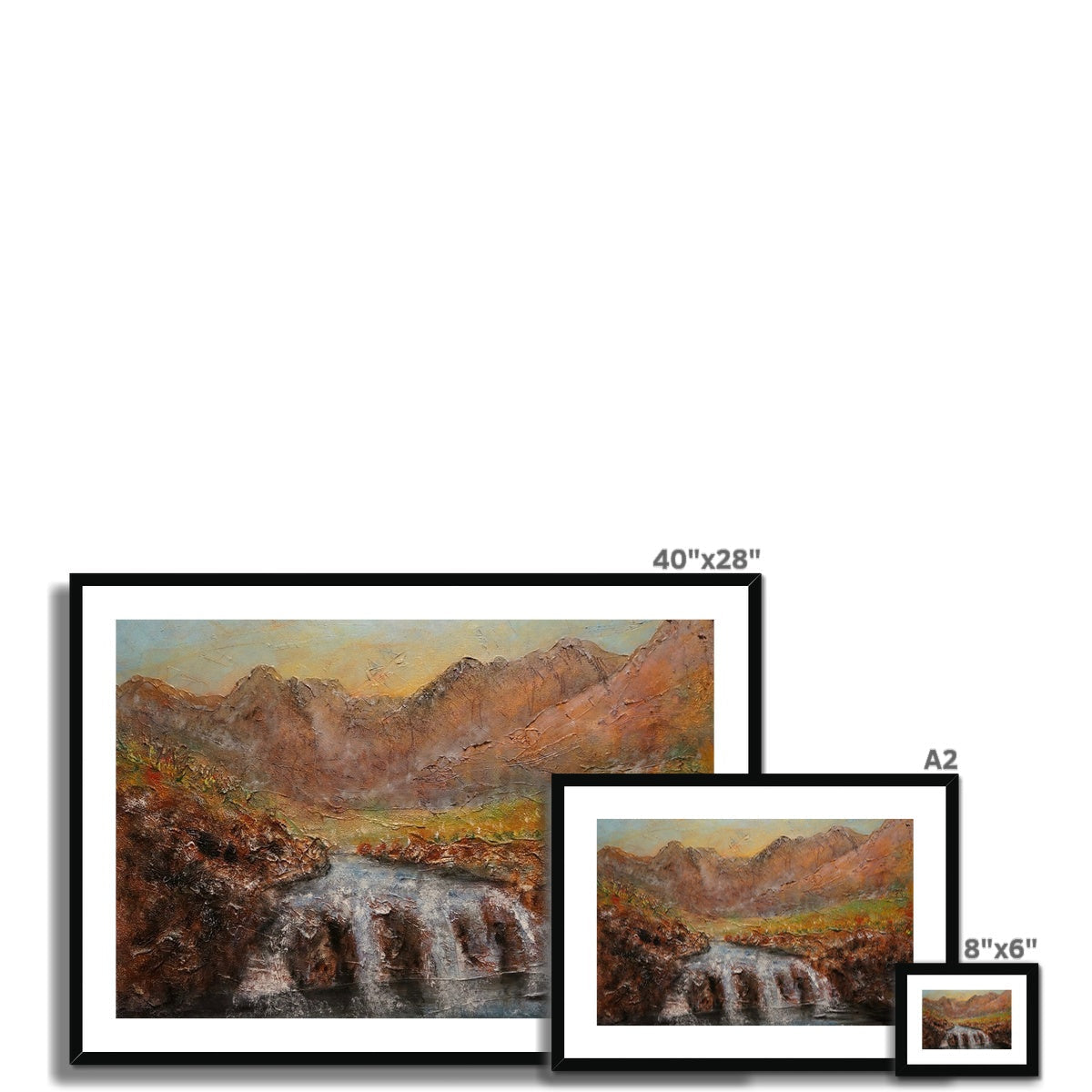 Framed Fairy Pools Skye Dawn waterfall painting, 40x28 inches, earthy tones
