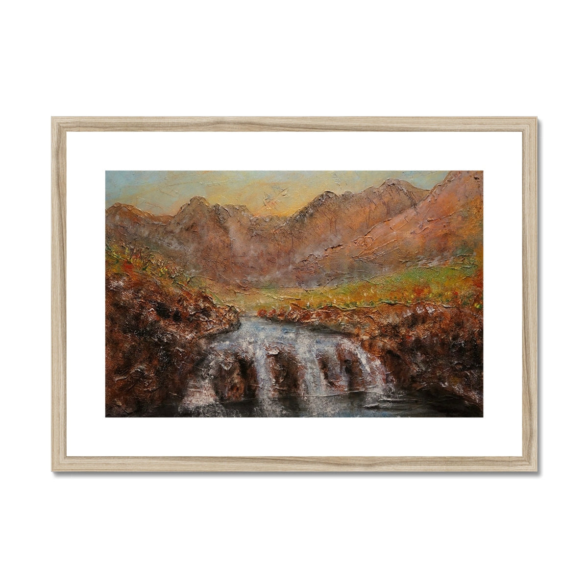 Wooden framed Fairy Pools Skye Dawn landscape print of waterfall mountains autumn foliage