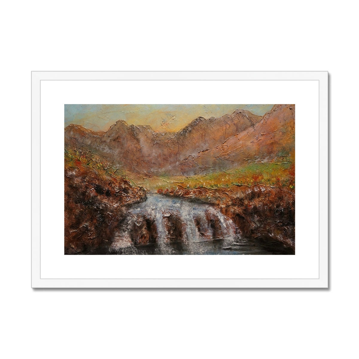 White framed Fairy Pools Skye Dawn waterfall painting in brown green hues