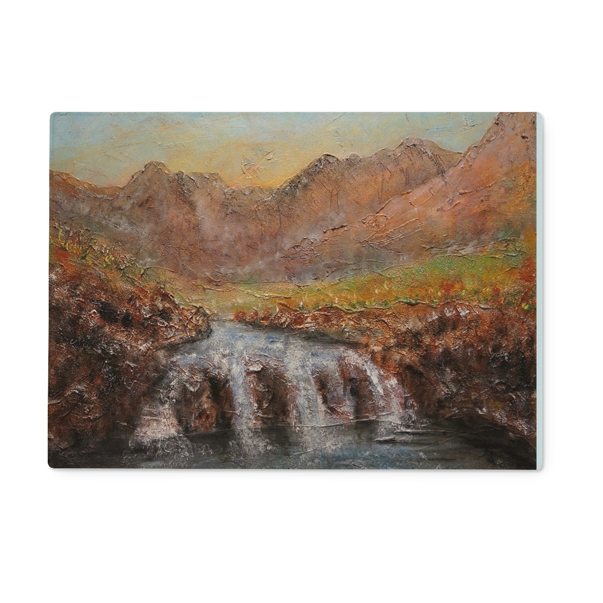 Textured oil painting of a mountainous landscape with river and waterfall on Fairy Pools Skye Dawn Glass Chopping Board