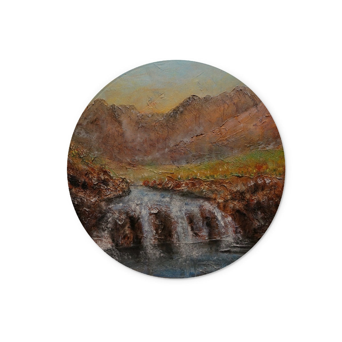 Circular landscape painting of a waterfall in a valley with mountains on the Fairy Pools Skye Dawn Glass Chopping Board
