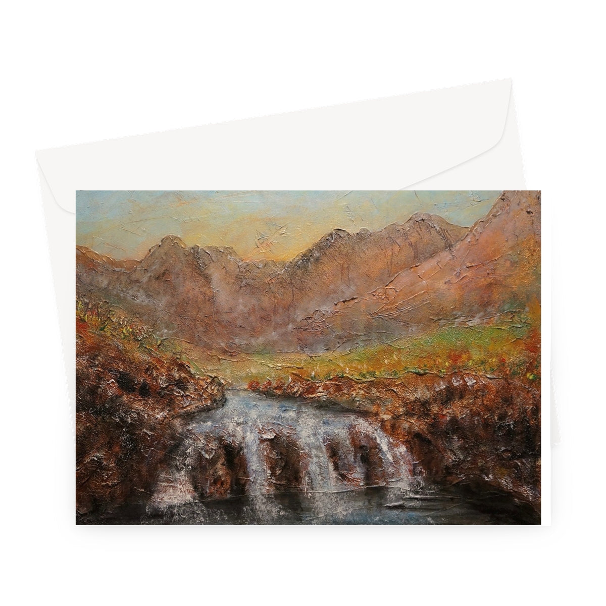Fairy Pools Skye Dawn greeting card with pastel mountain waterfall landscape