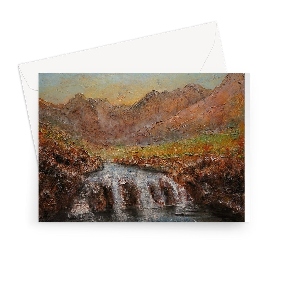 Fairy Pools Skye Dawn greeting card with waterfalls and mountains