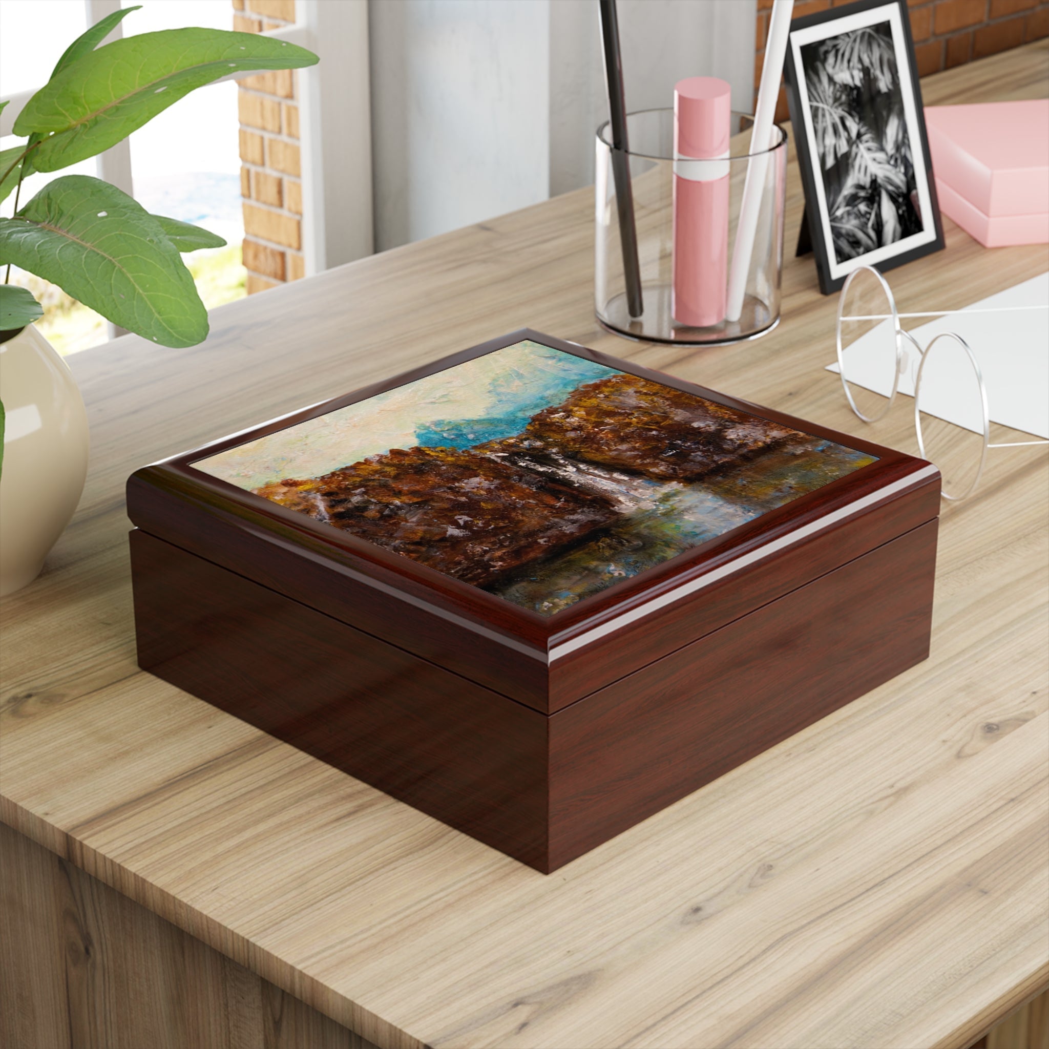 Rectangular wooden keepsake box with vibrant abstract painting lid for The Fairy Pools Skye jewelry storage