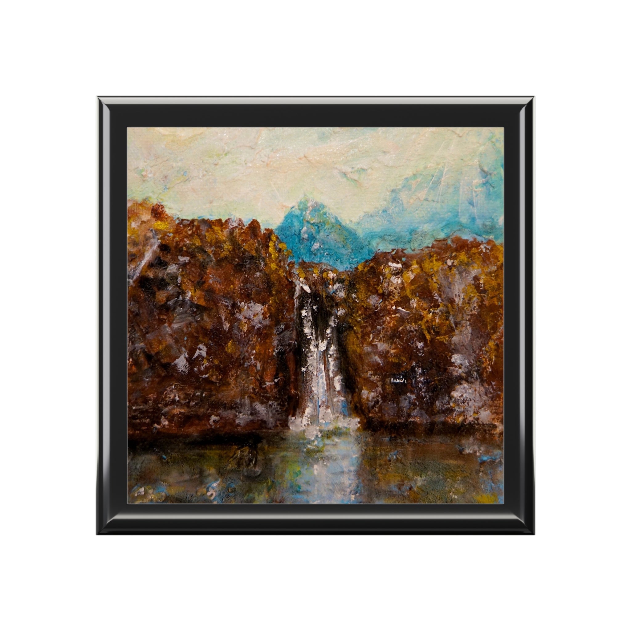 Framed oil painting of a waterfall between rocks on The Fairy Pools Skye jewellery box Scotland