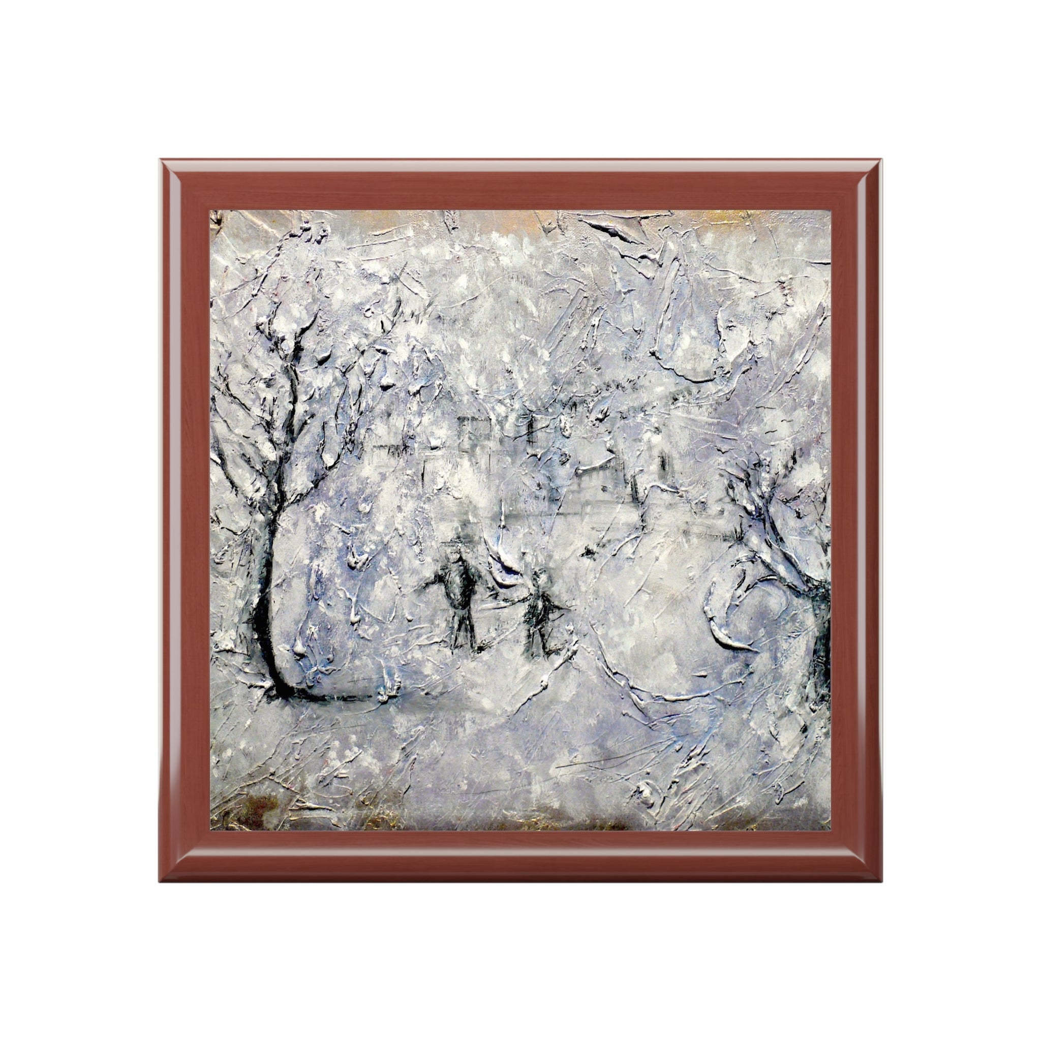 Textured abstract winter scene painting with trees and figures in a brown frame for Scotland art box