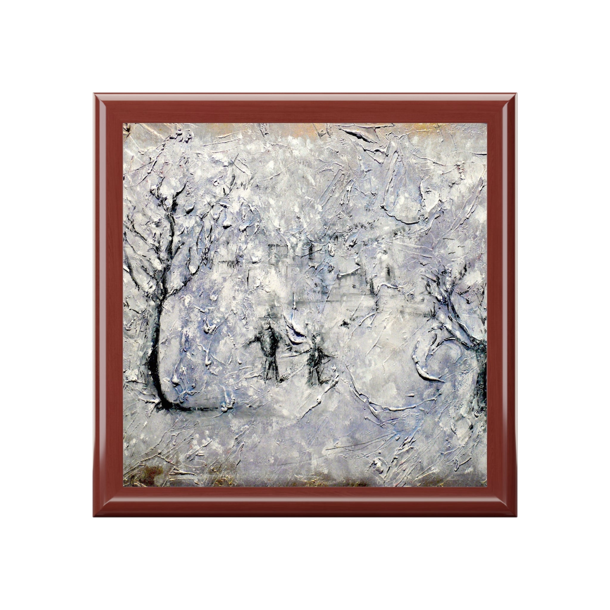 Textured oil painting of a winter landscape with figures and trees in a dark wood frame