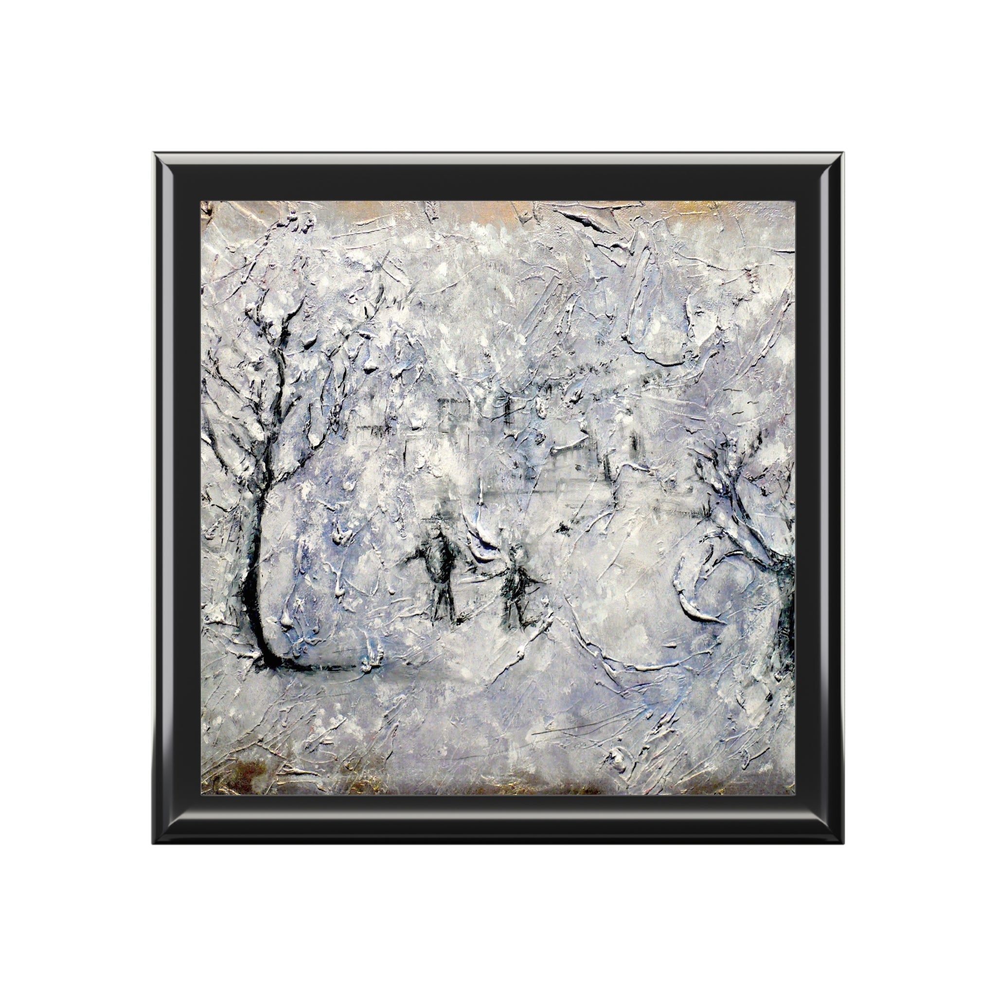 Textured abstract snowy landscape painting with trees and figures in a black frame for Father Daughter Snow Art Jewellery Box Scotland