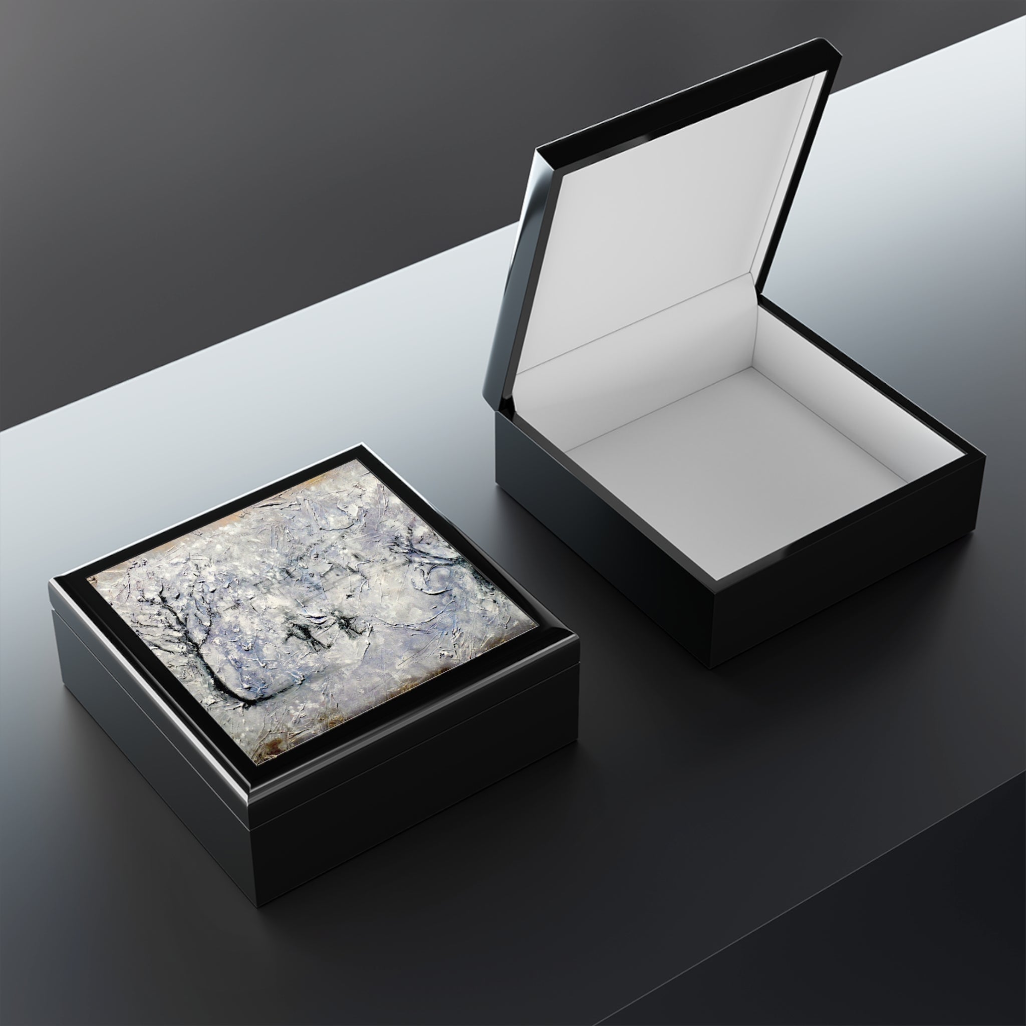 Black square keepsake boxes with abstract gray lid and white interior for Father Daughter Snow Art Jewellery Box Scotland