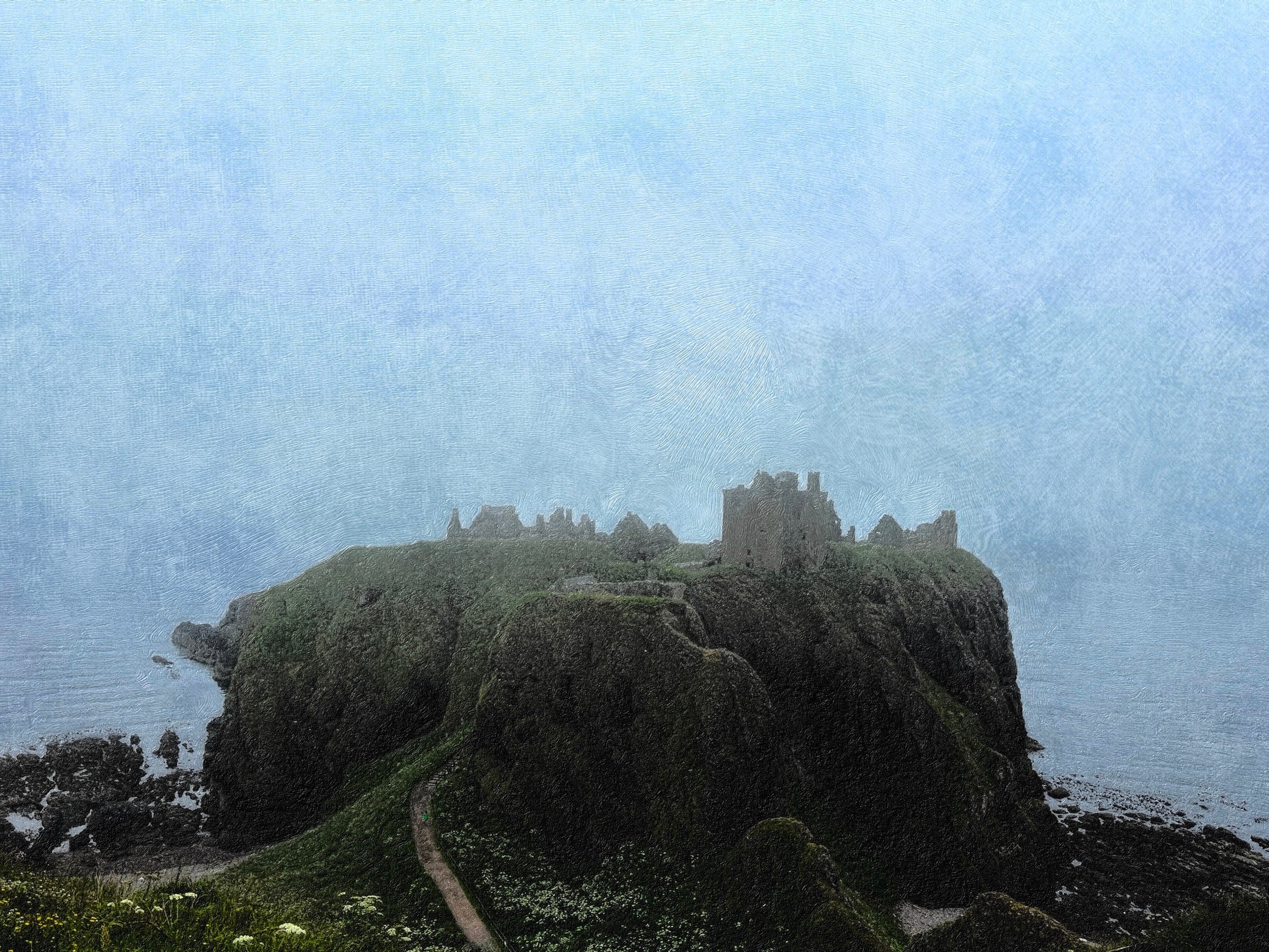 Dunnottar Castle mist: stone ruins on misty cliffside painting