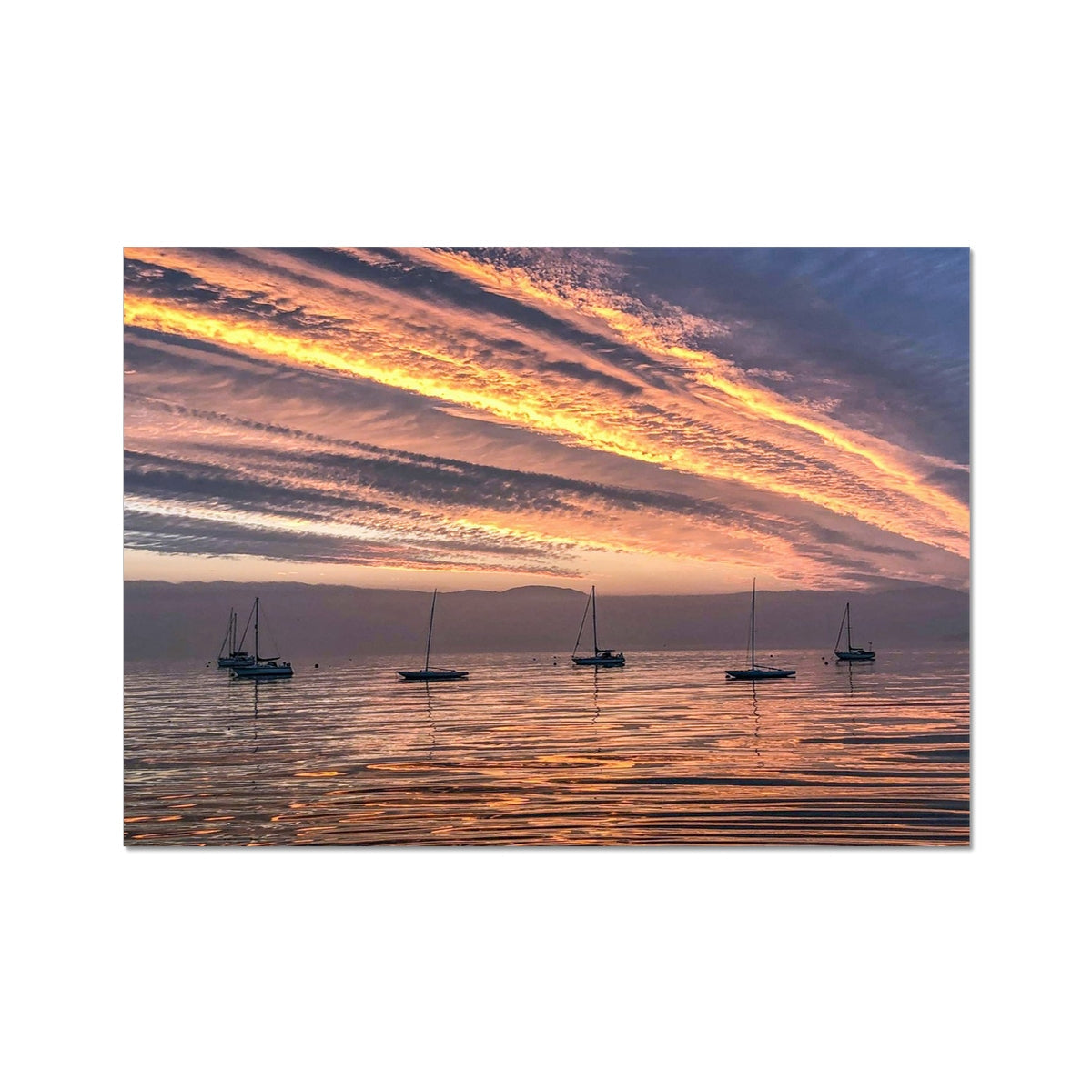 Serene sunset with silhouetted sailboats on calm water, Fiery Sunset print