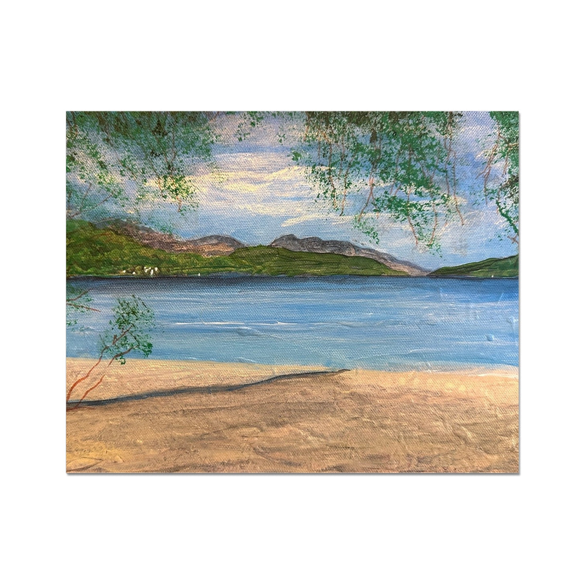 Firkin Point Loch Lomond beach print with sandy shore and blue water in brown wood frame