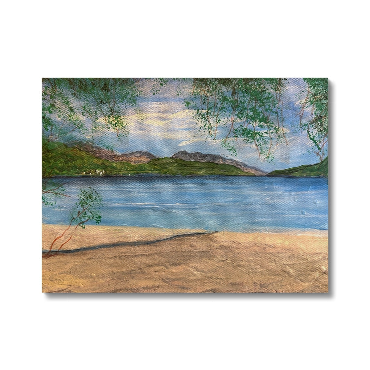 Firkin Point Loch Lomond beach scene canvas print with sandy shore, blue water, green hills