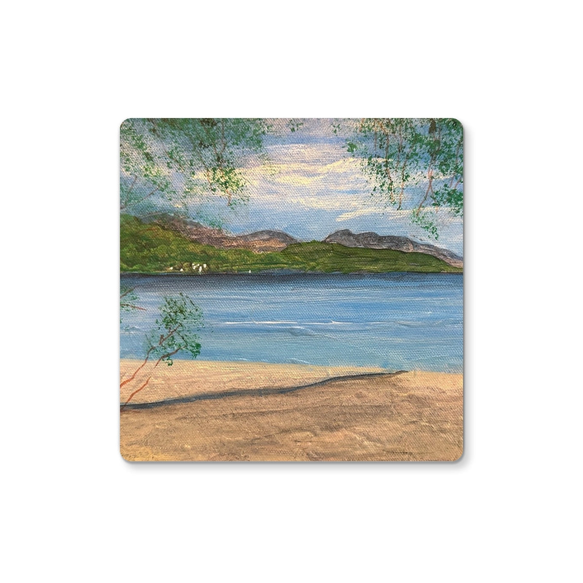 Firkin Point Loch Lomond coaster with beach scene, sandy shore, green trees, blue sky