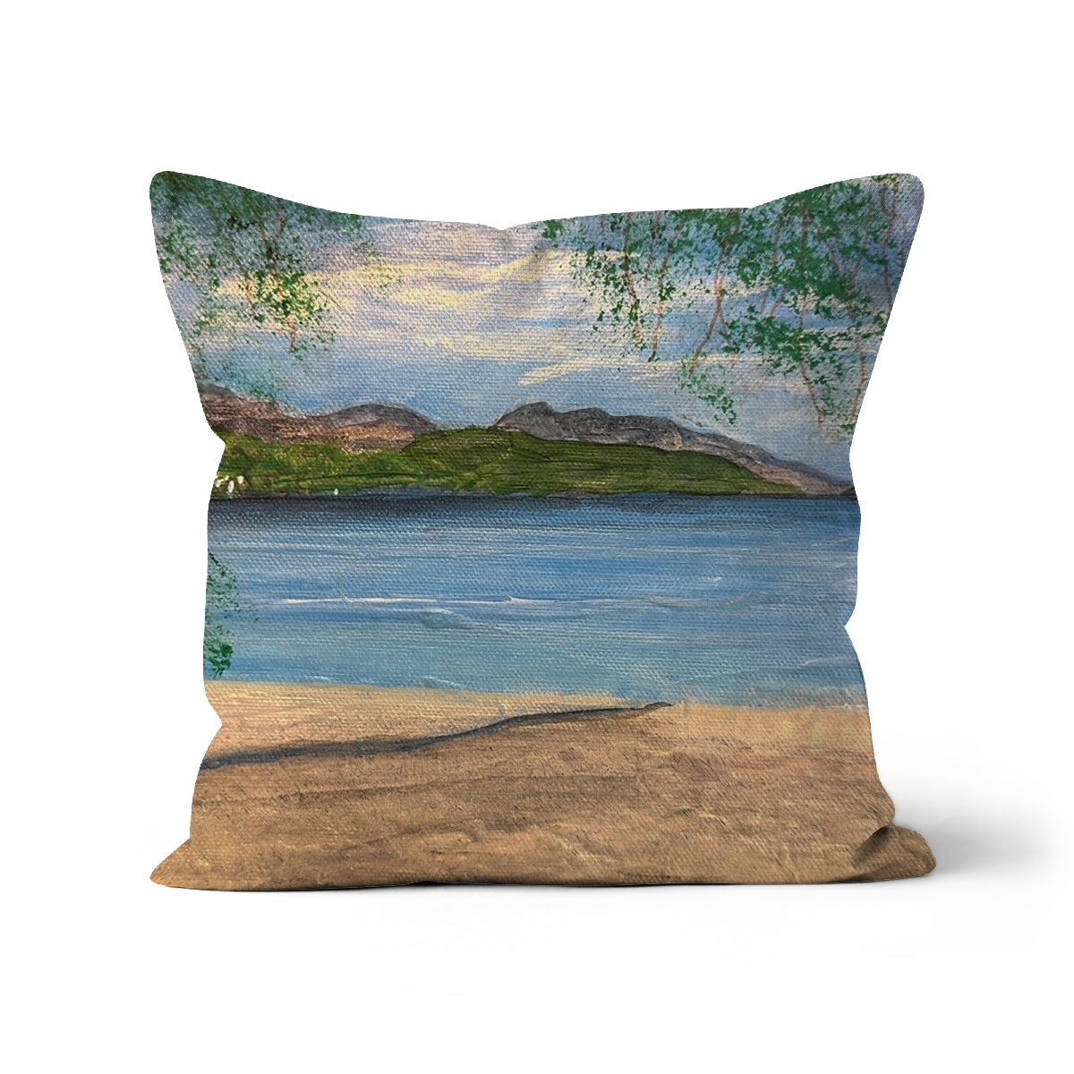 18x18 inch Firkin Point Loch Lomond burlap pillow with beach landscape