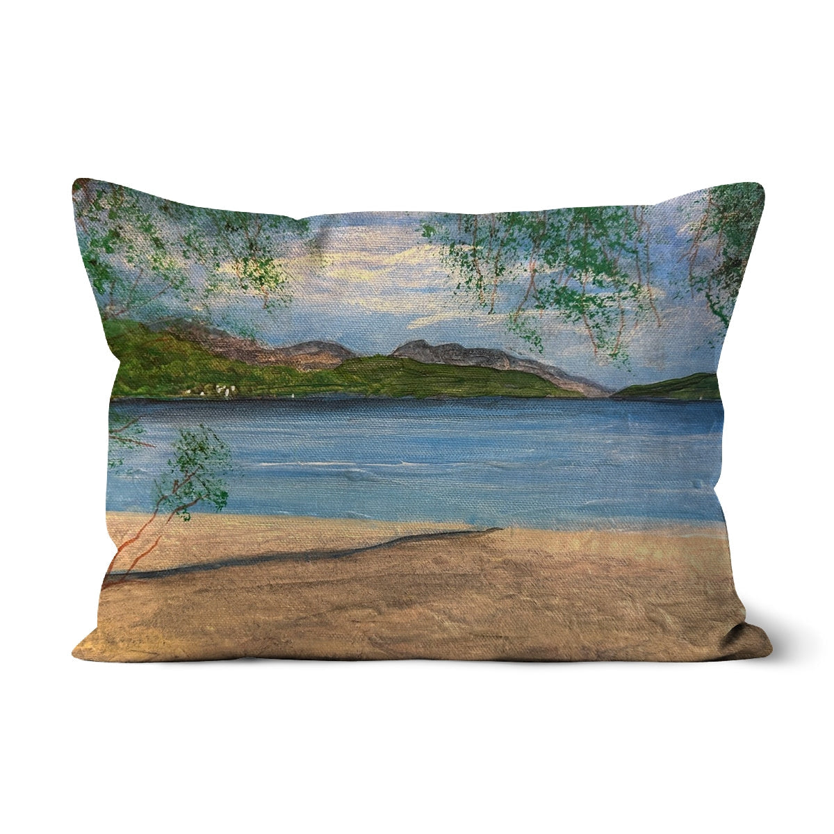 Firkin Point Loch Lomond blue green beach scene cotton cushion
