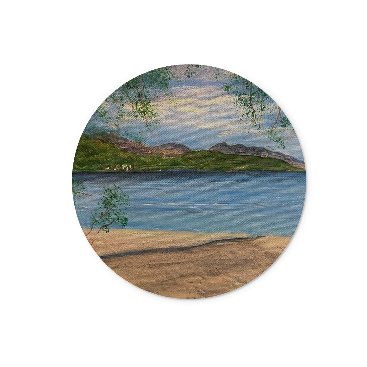 Firkin Point Loch Lomond glass chopping board with beach scene coaster design