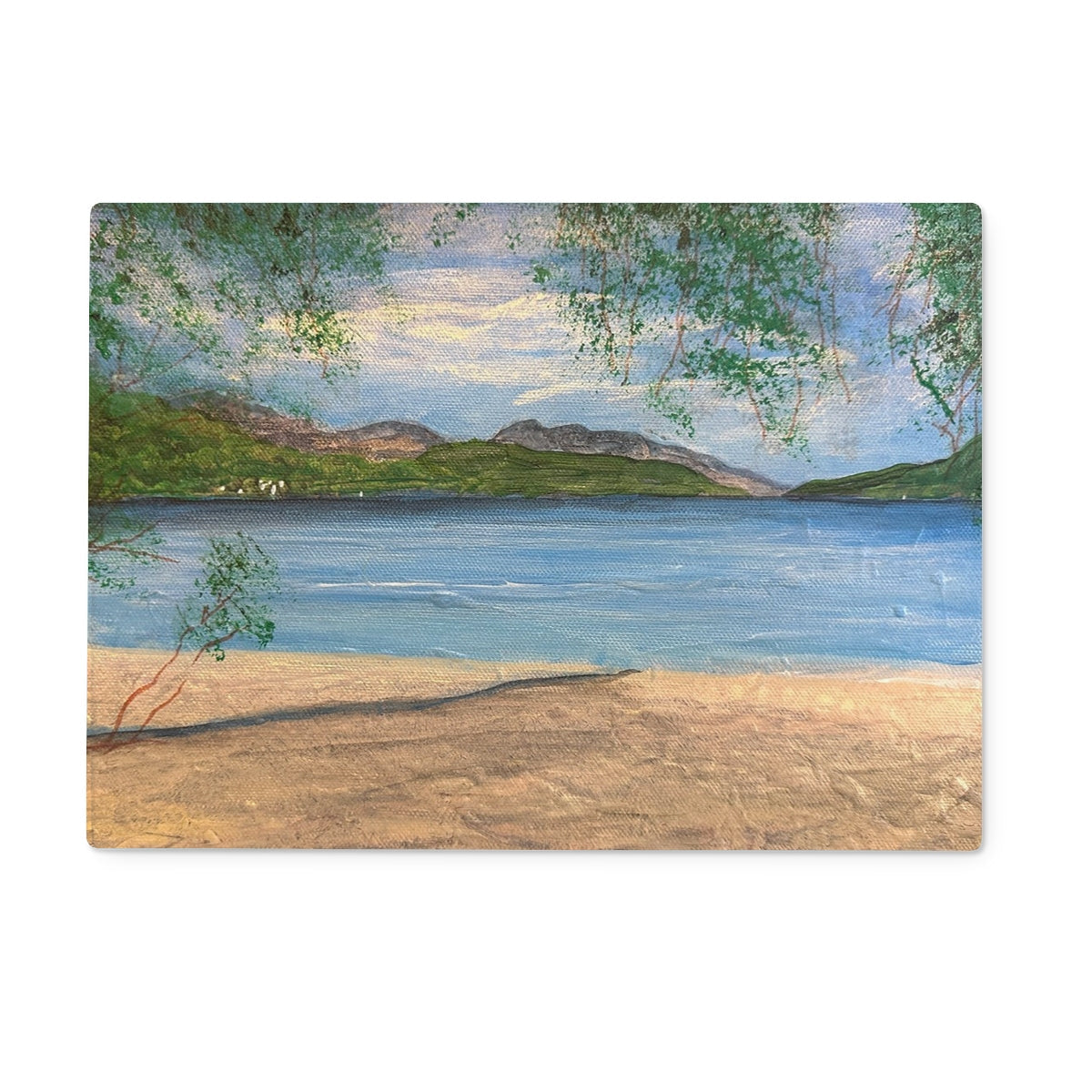 Firkin Point Loch Lomond glass chopping board with beach scene placemat