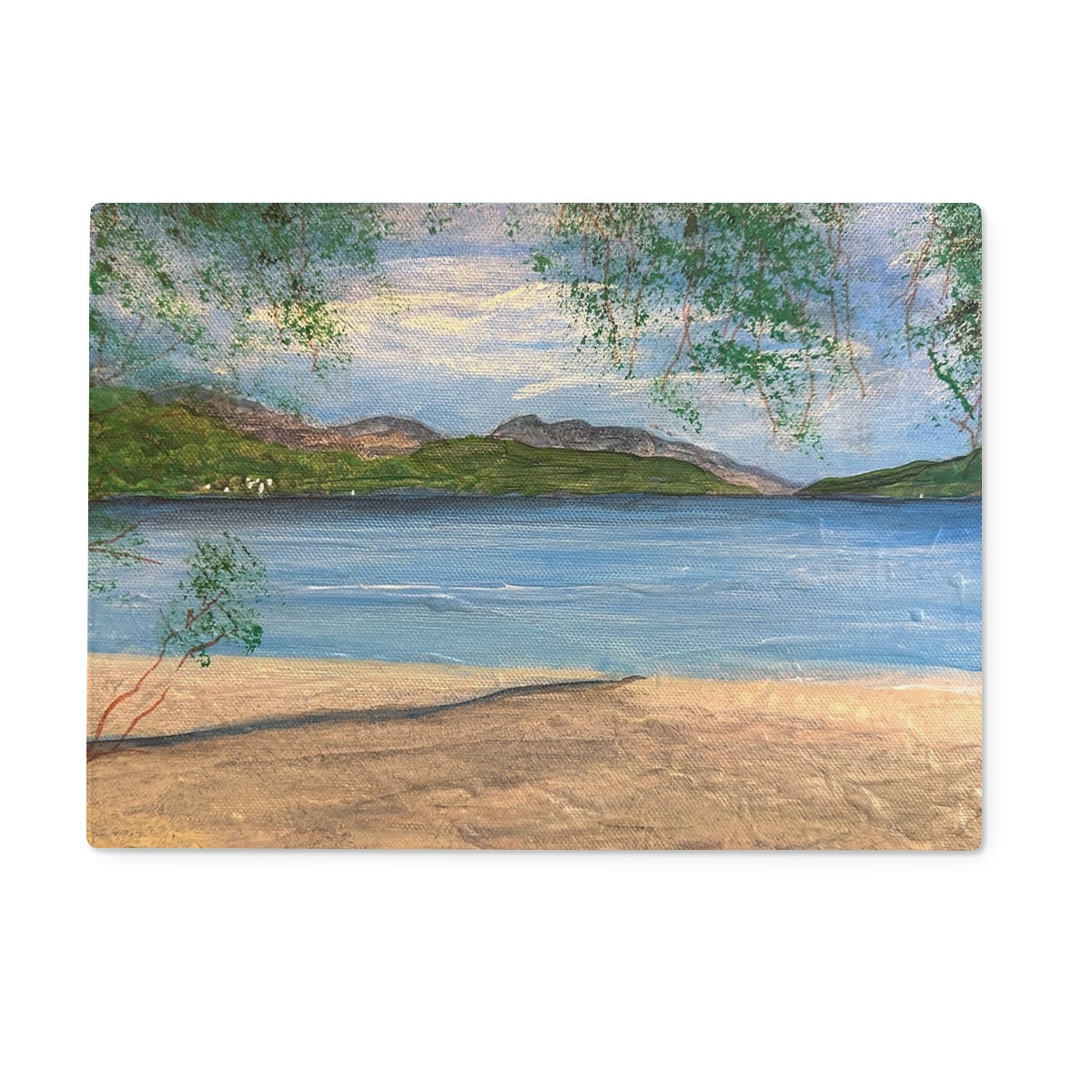 Firkin Point Loch Lomond glass chopping board with sandy beach scene