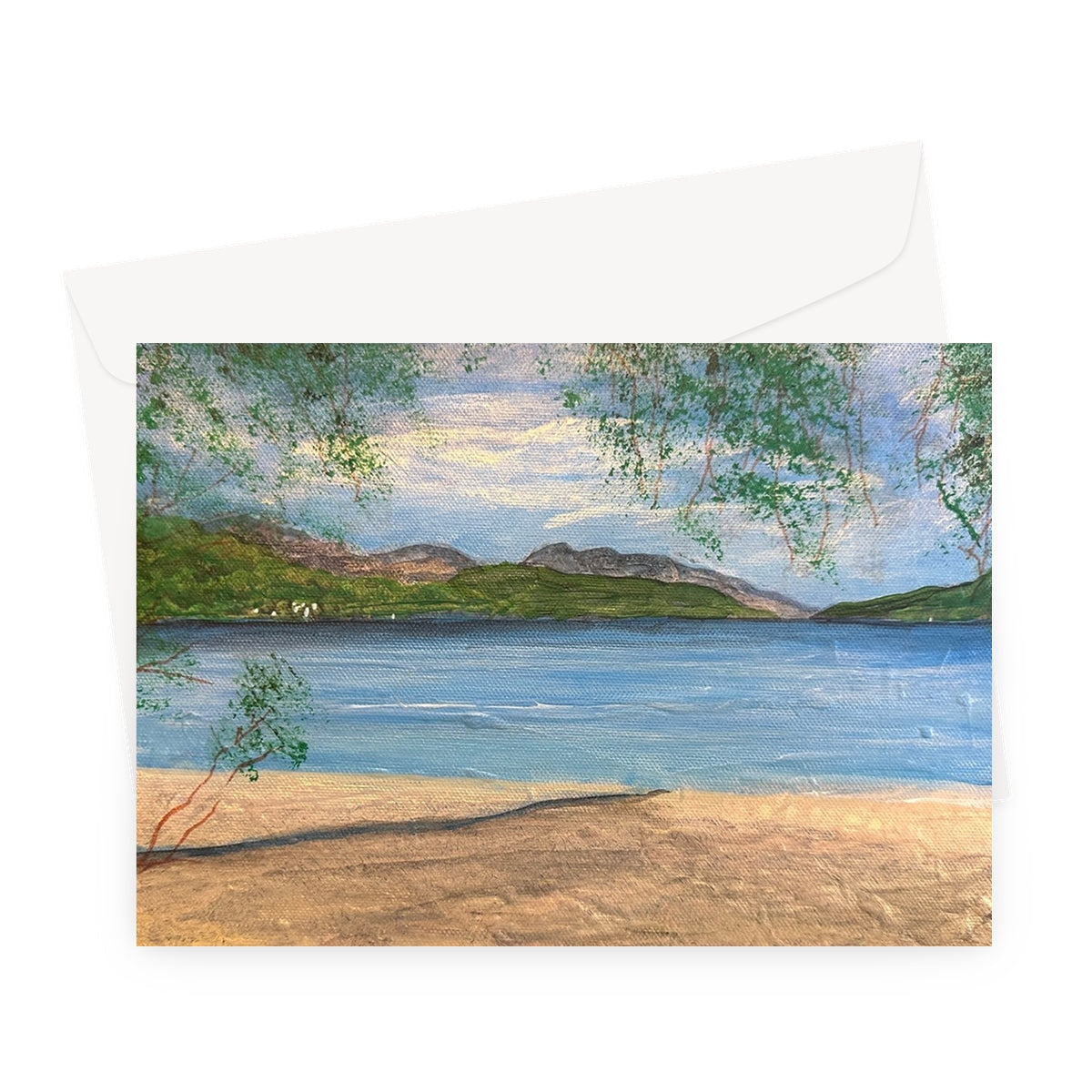 Firkin Point Loch Lomond beach greeting card with blue water, green trees, white envelope