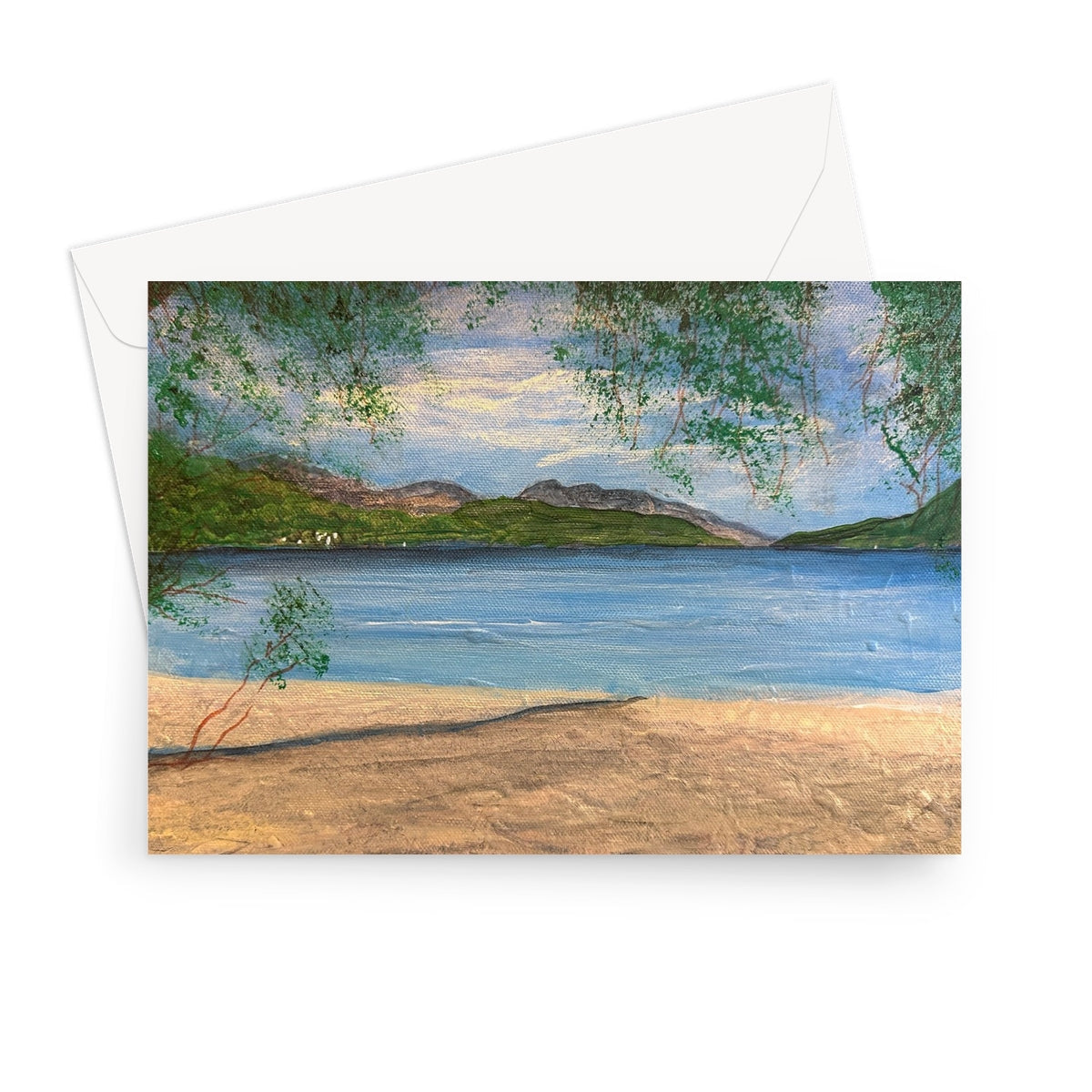 Serene Loch Lomond lake and mountains greeting card in pastels