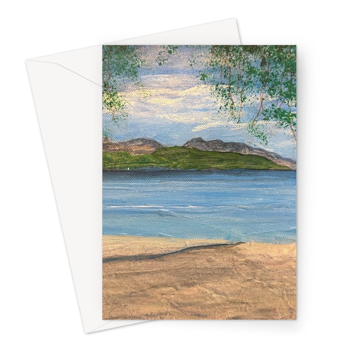 Firkin Point Loch Lomond beach greeting card with sandy shore and blue water