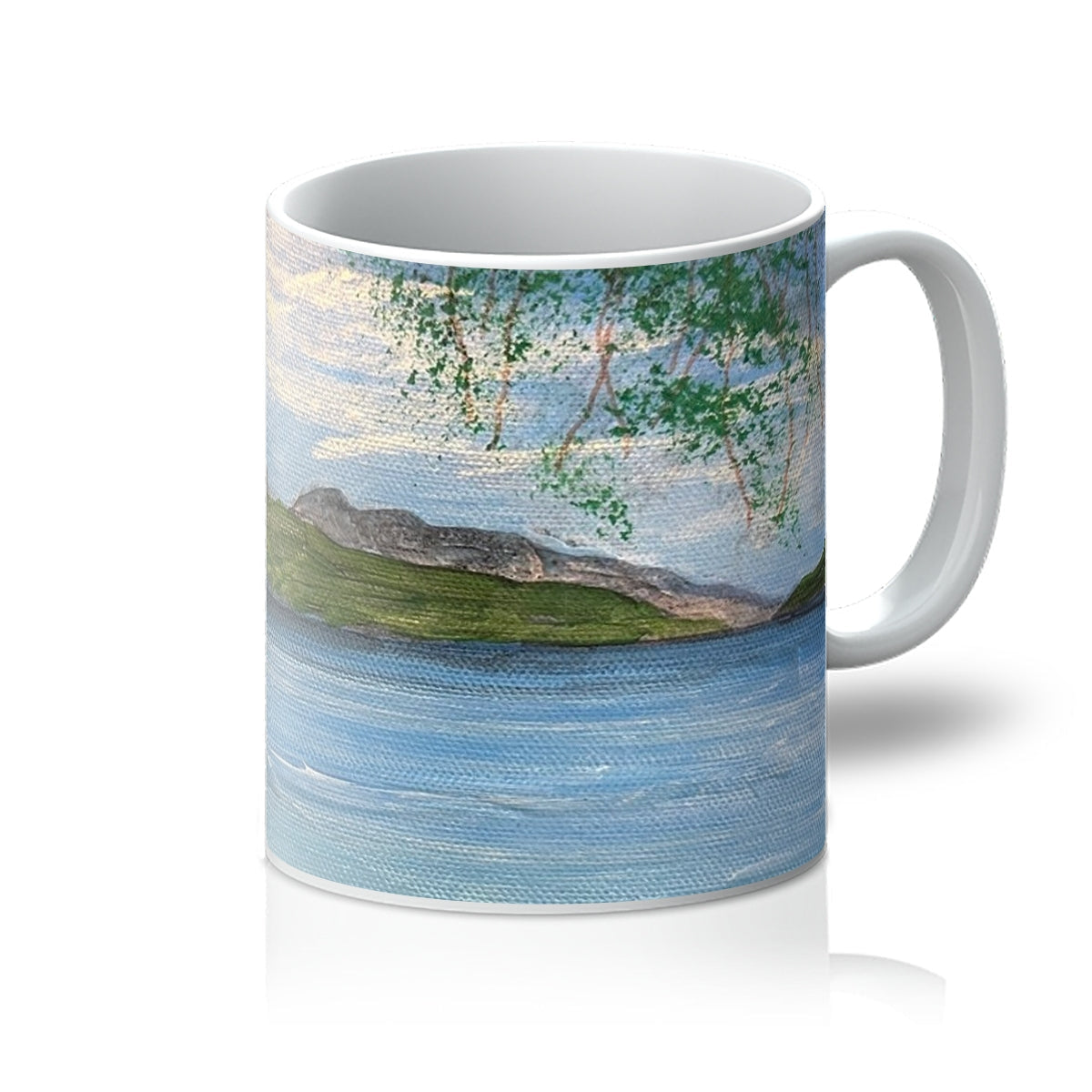 Firkin Point Loch Lomond ceramic mug with scenic green hills, blue sky and water design