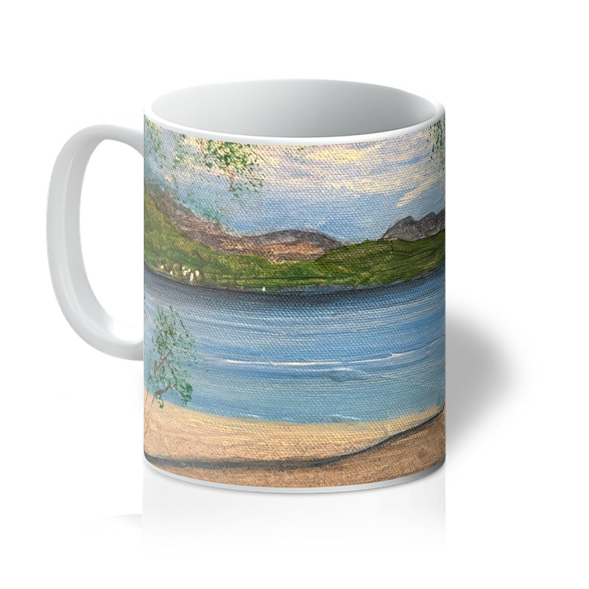 Firkin Point Loch Lomond ceramic mug with painted blue water, green hills, trees